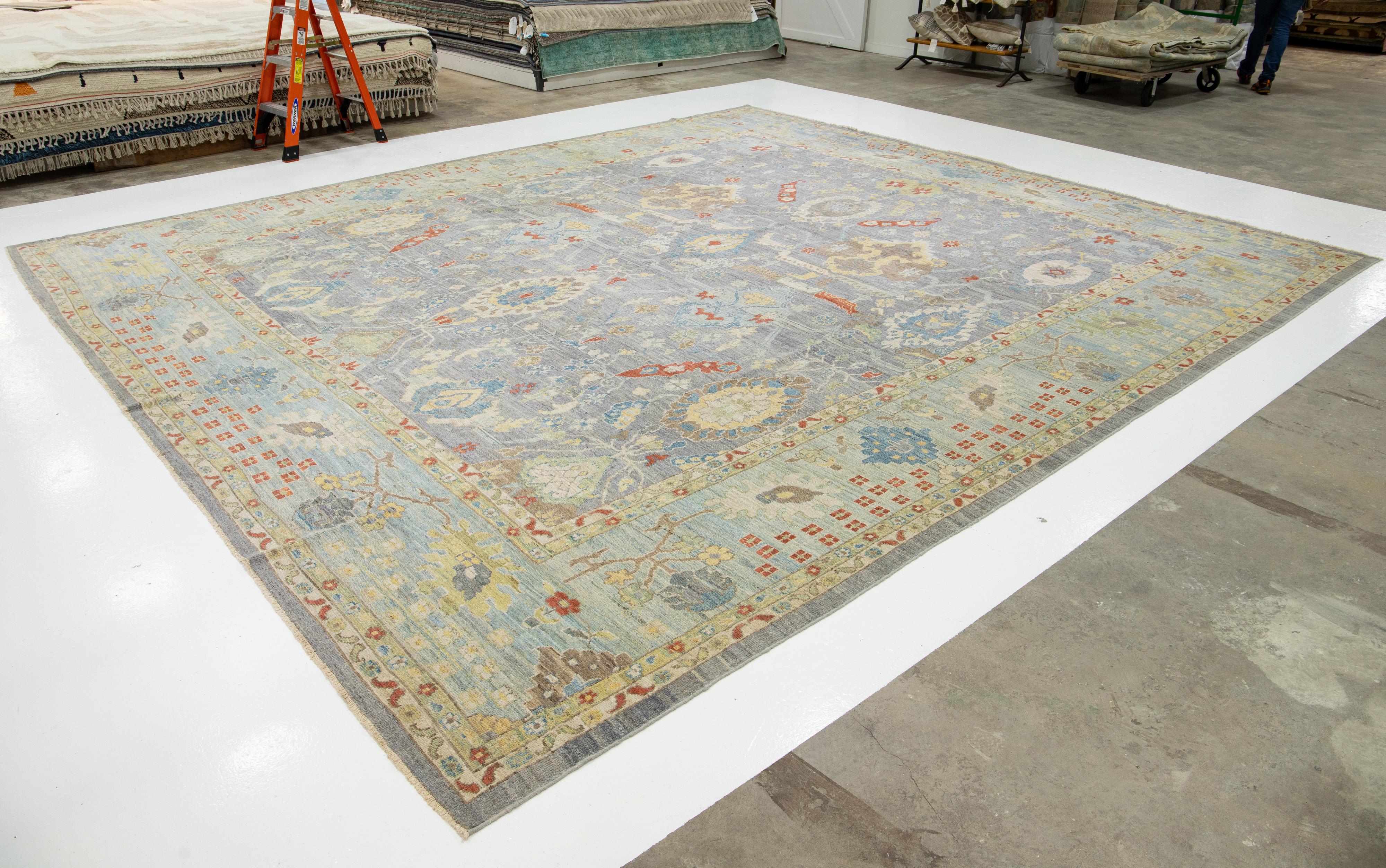 Pakistani 15 x 17 Apadana's Modern Sultanabad Allover Designed Wool Rug Handmade In Gray For Sale