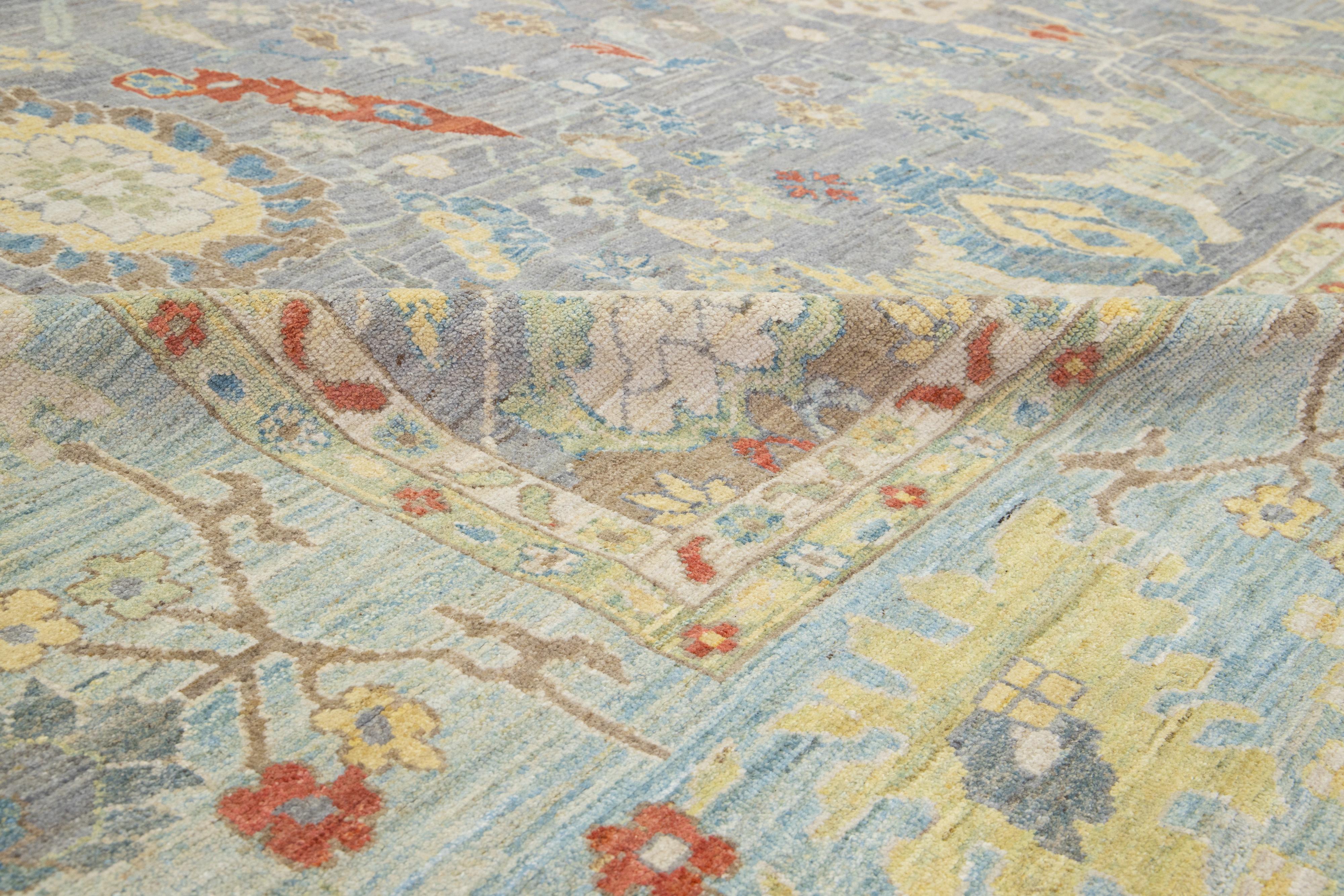15 x 17 Apadana's Modern Sultanabad Allover Designed Wool Rug Handmade In Gray In New Condition For Sale In Norwalk, CT
