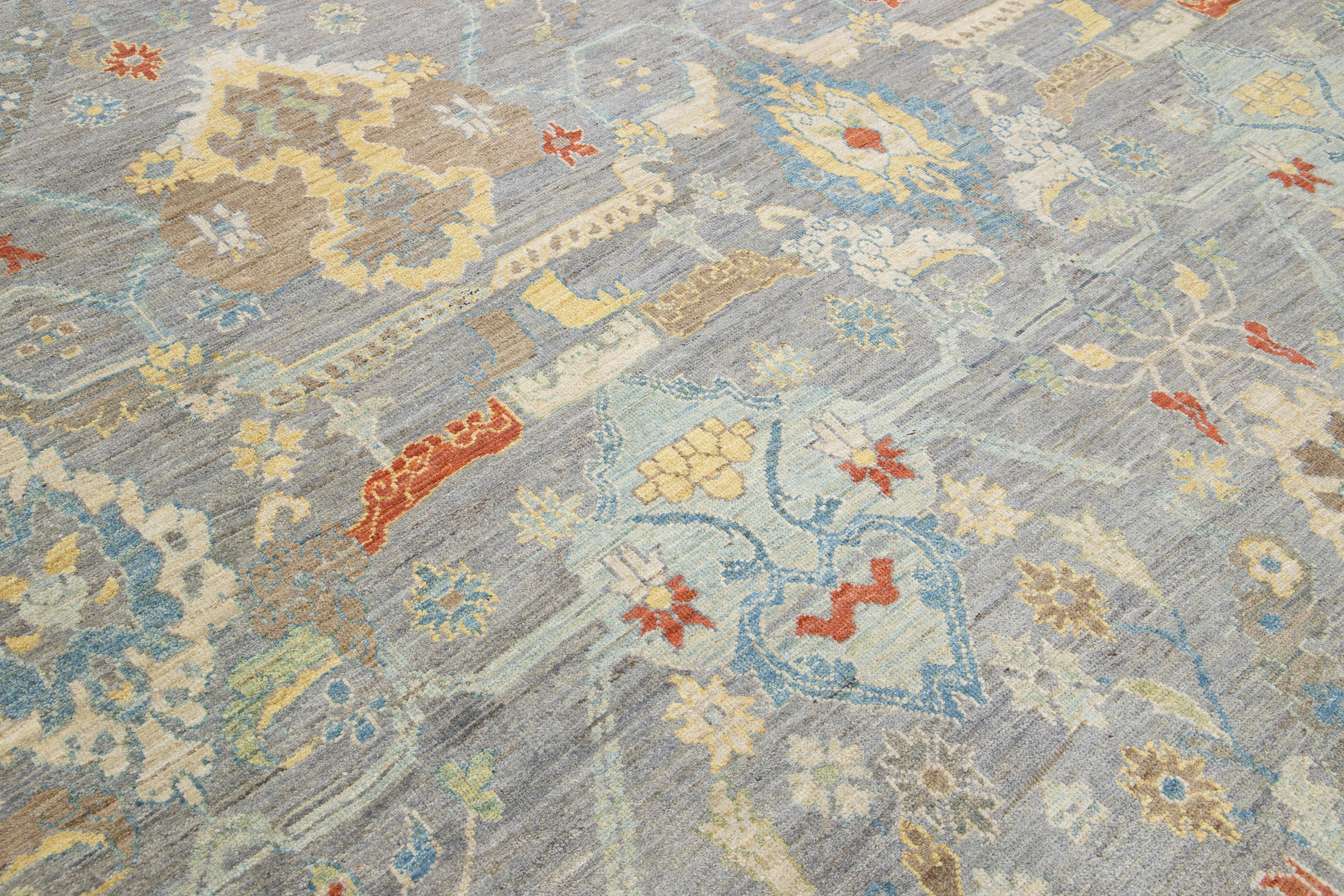 Contemporary 15 x 17 Apadana's Modern Sultanabad Allover Designed Wool Rug Handmade In Gray For Sale