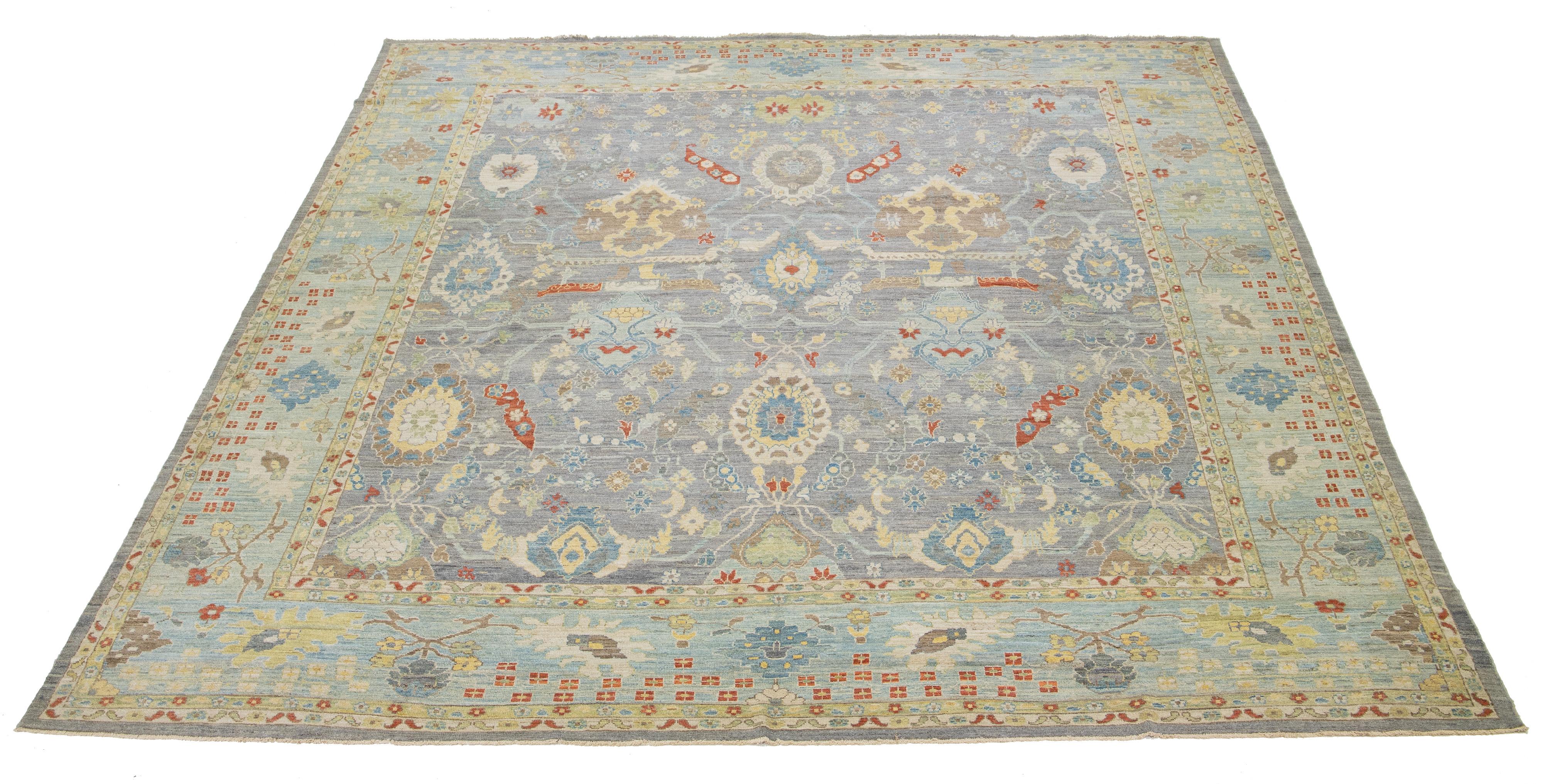 15 x 17 Apadana's Modern Sultanabad Allover Designed Wool Rug Handmade In Gray For Sale 1