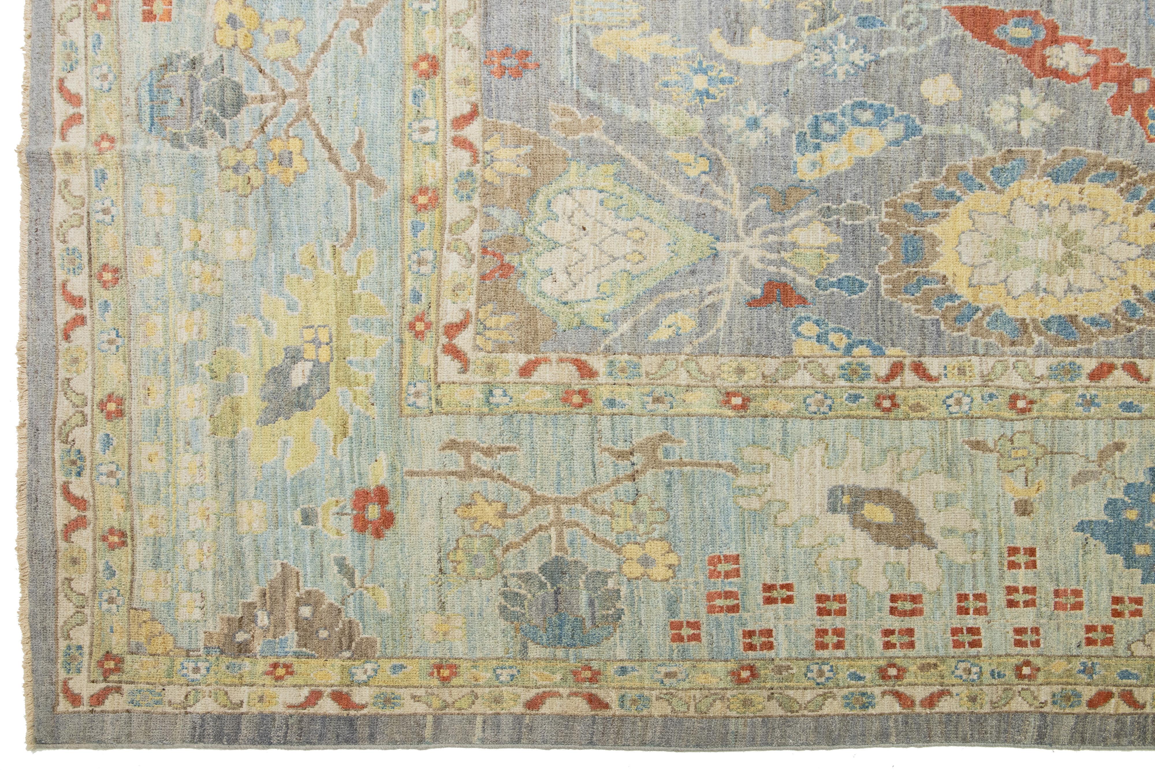 15 x 17 Apadana's Modern Sultanabad Allover Designed Wool Rug Handmade In Gray For Sale 2