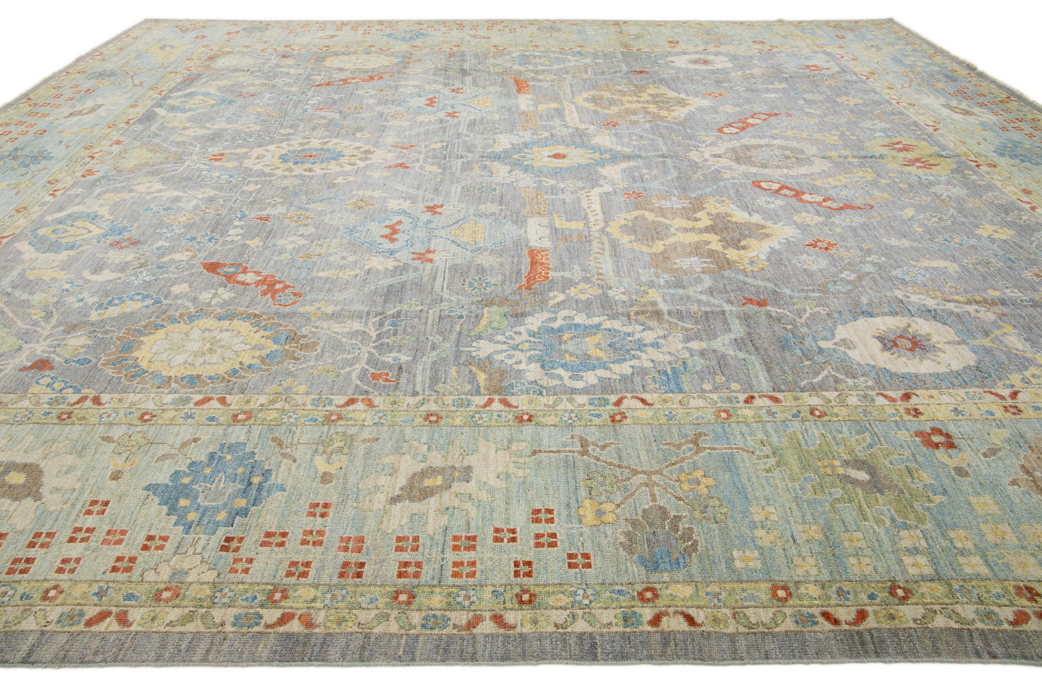 15 x 17 Apadana's Modern Sultanabad Allover Designed Wool Rug Handmade In Gray For Sale 3