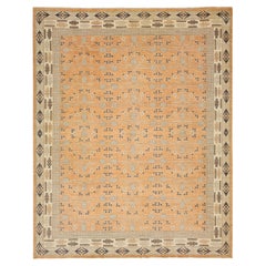 15 x 19 Moderner handgefertigter Wollteppich im Khotan-Stil in Orange mit geometrischem Muster