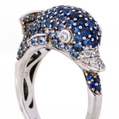 1.50 Carat 14 Karart White Gold Diamond Blue Sapphire Dolphin Ring