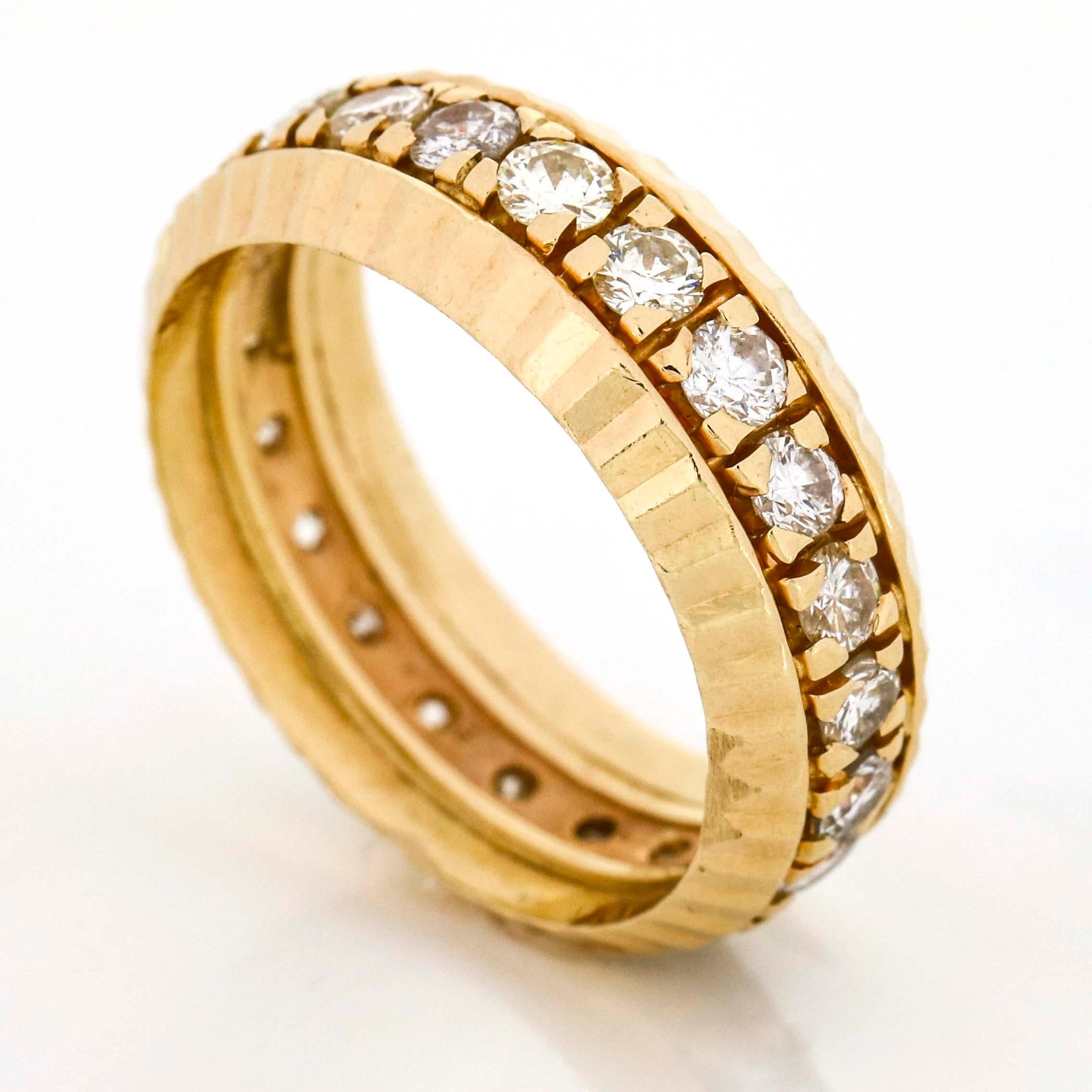Round Cut 1.50 Carat 14 Karat Yellow Gold Rolex Fluted Bezel Band Ring For Sale