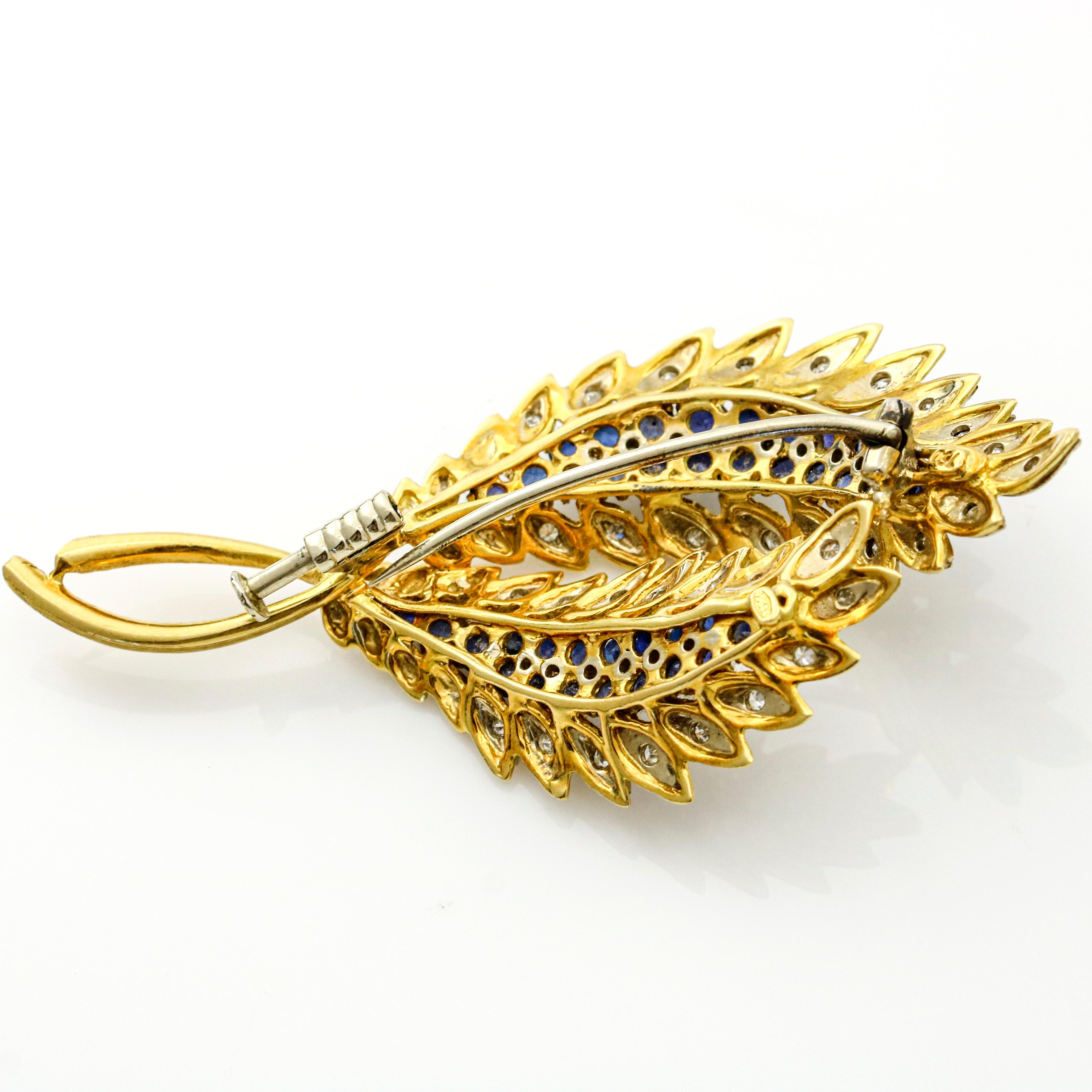 Women's 1.50 Carat 18 Karat Gold Sapphire Diamond Double Leaf Brooch For Sale