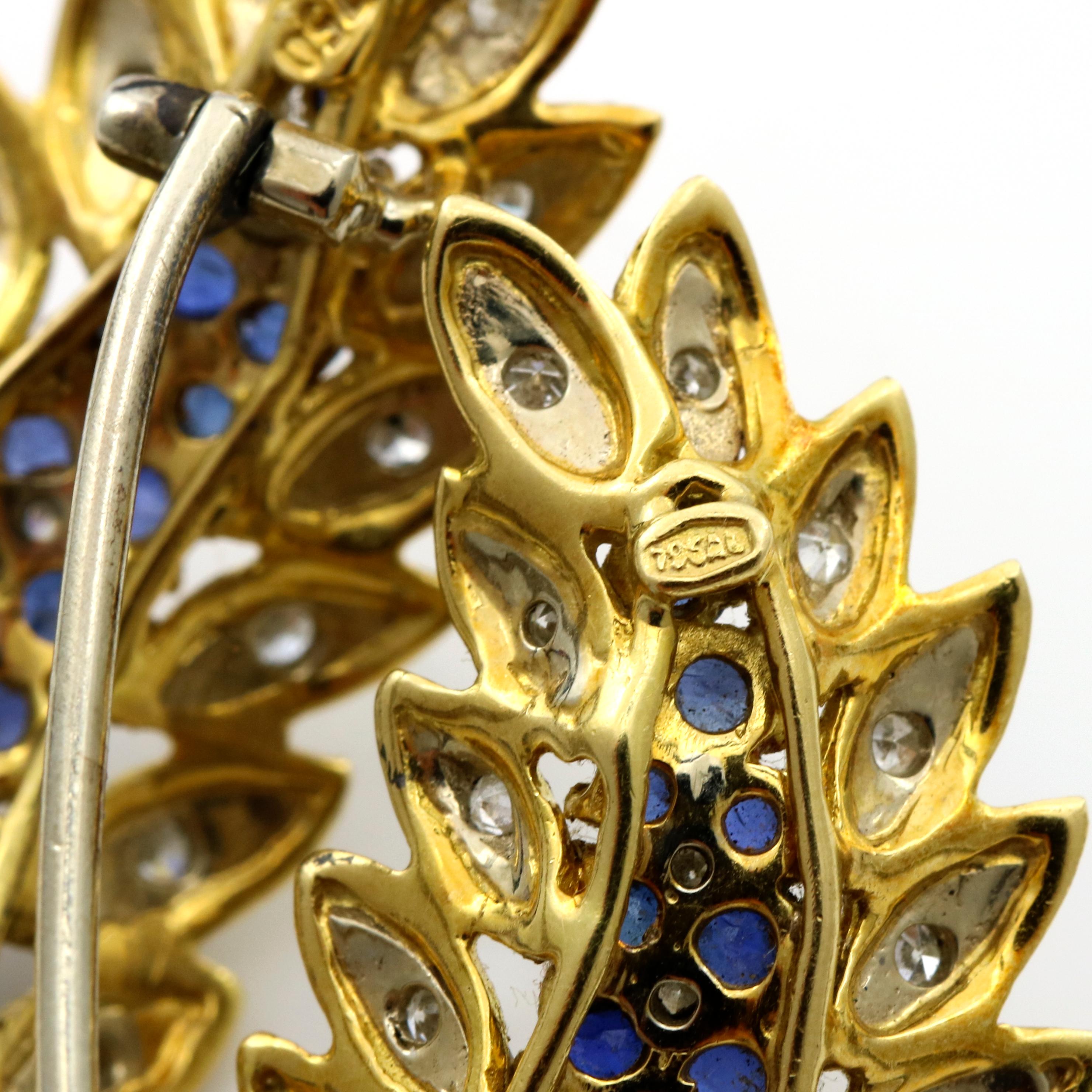 1.50 Carat 18 Karat Gold Sapphire Diamond Double Leaf Brooch For Sale 1
