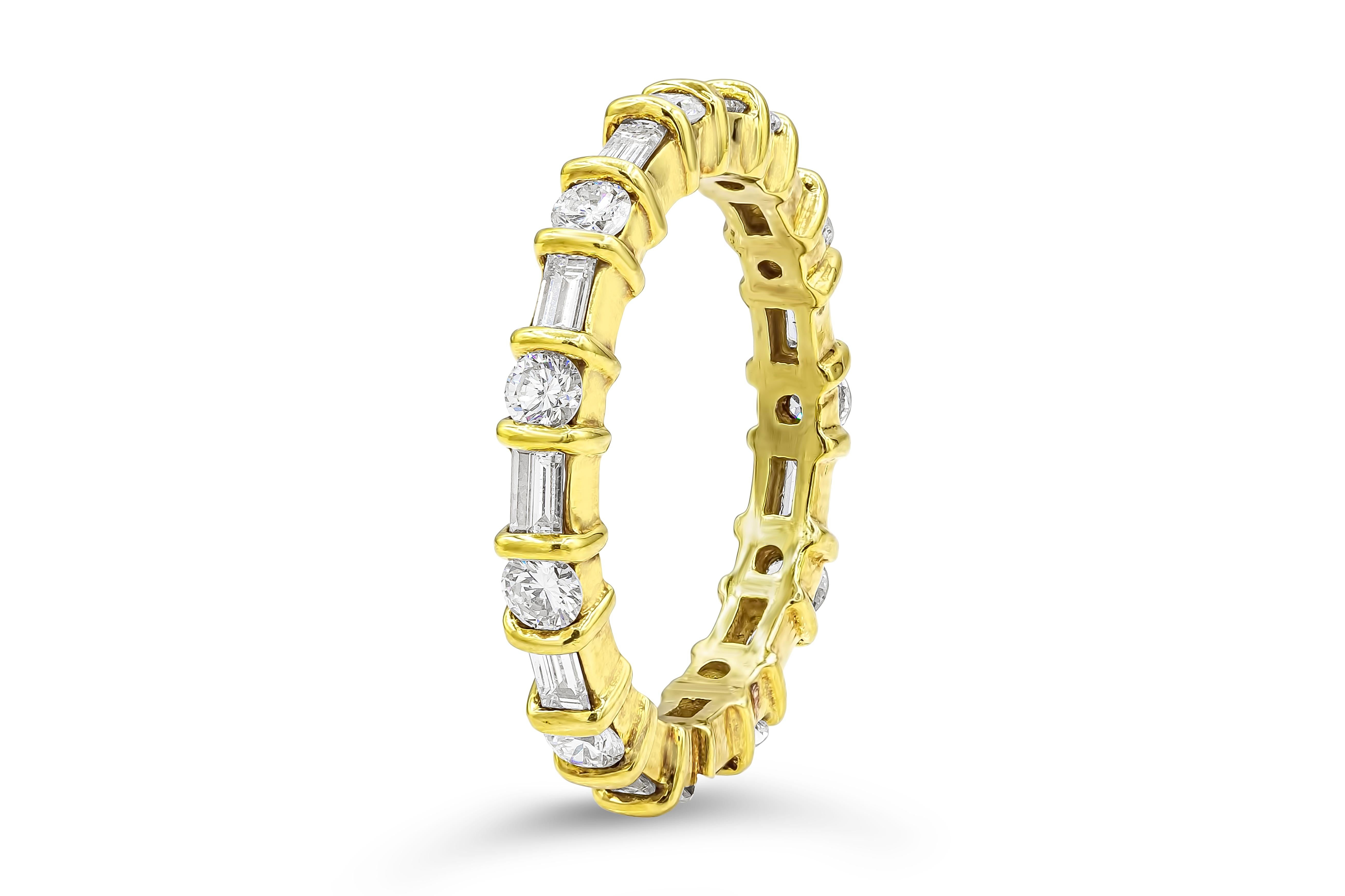 A unique wedding band showcasing alternating round and baguette diamonds. Round diamonds weigh 0.78 carat total and baguette diamonds weighing 0.72 carats total. Made with 14K Yellow Gold. Size 7.75 US. Perfect for your everyday use.

Roman Malakov