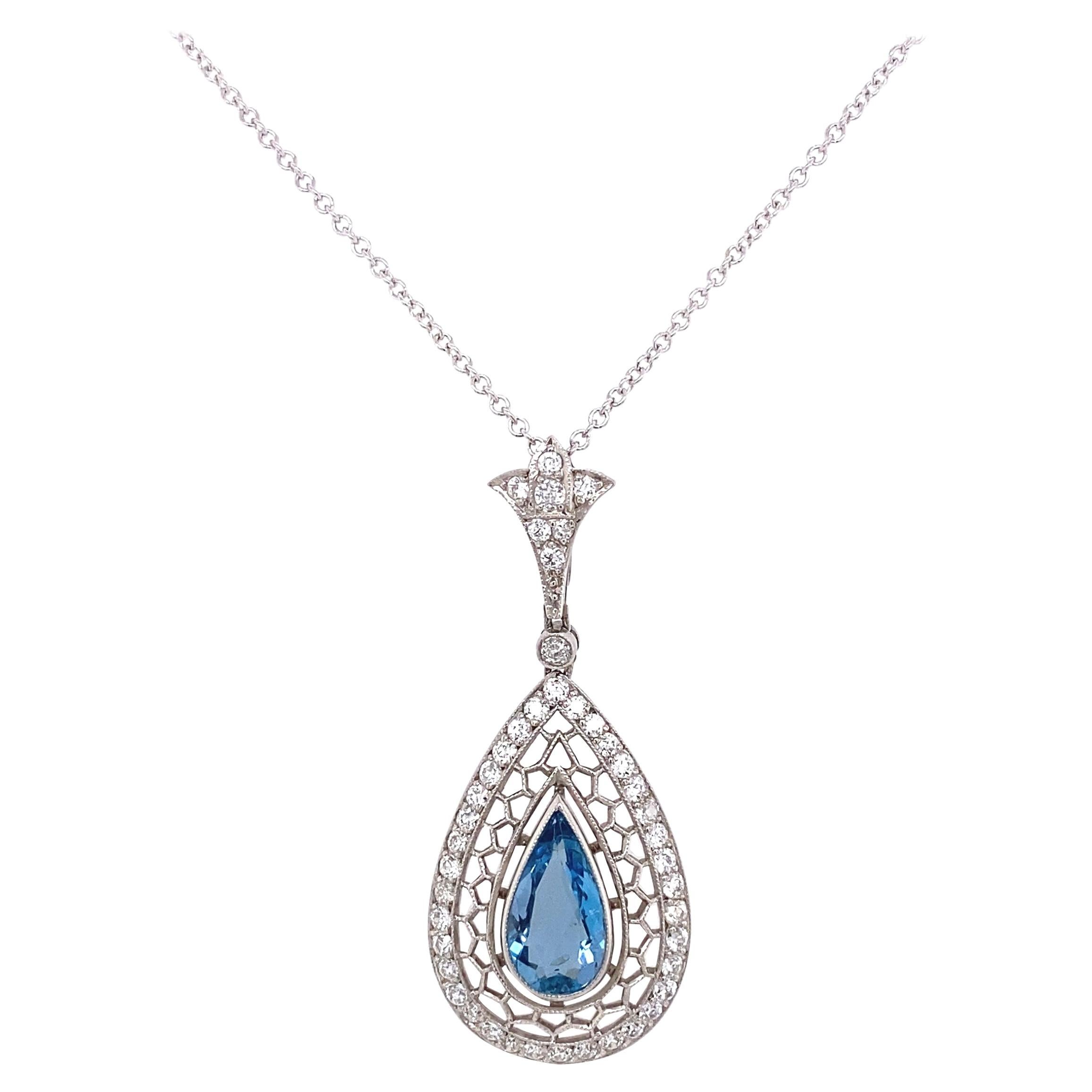 1.50 Carat Aquamarine and Diamond Platinum Pendant Necklace Estate Fine
