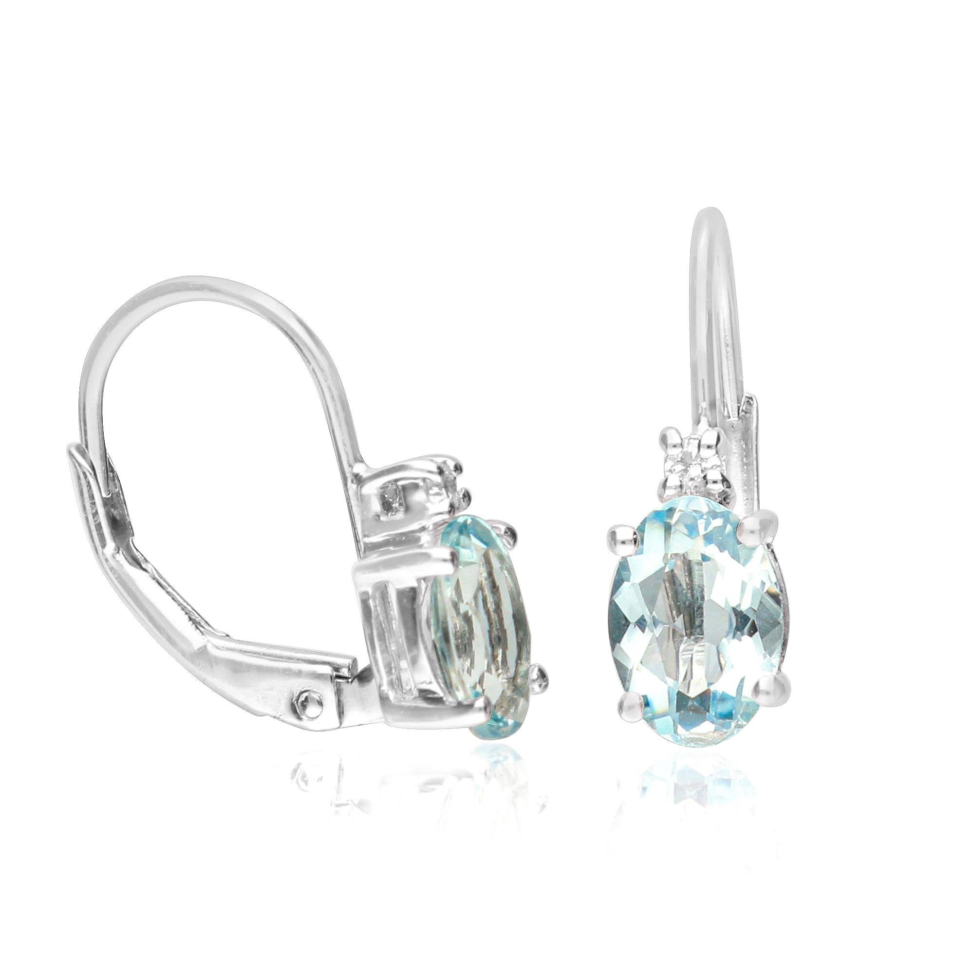 Art Deco Classic Aquamarine Oval Cut Diamond Accents 14K White Gold Earring For Sale