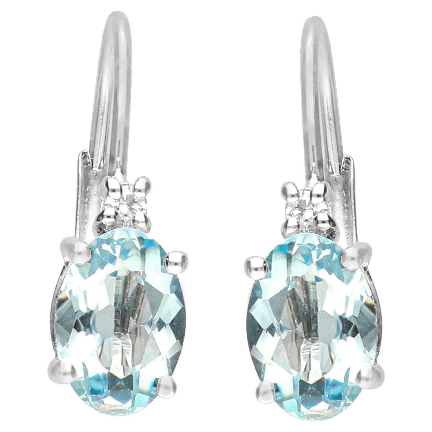 Classic Aquamarine Oval Cut Diamond Accents 14K White Gold Earring For Sale