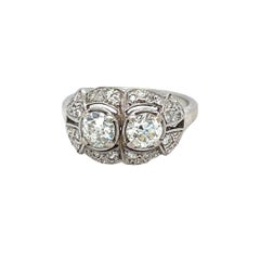 Art Deco Two Old European Diamond Center Ring 14K White Gold