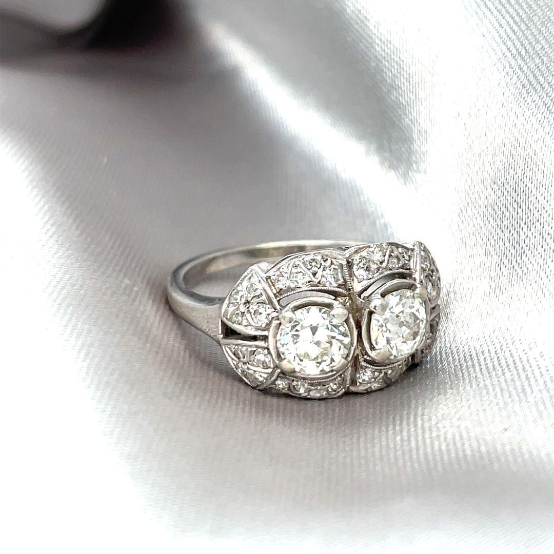 Art Deco Two Old European Diamond Center Ring 14K White Gold For Sale 6