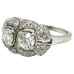 Art Deco Two Old European Diamond Center Ring 14K White Gold
