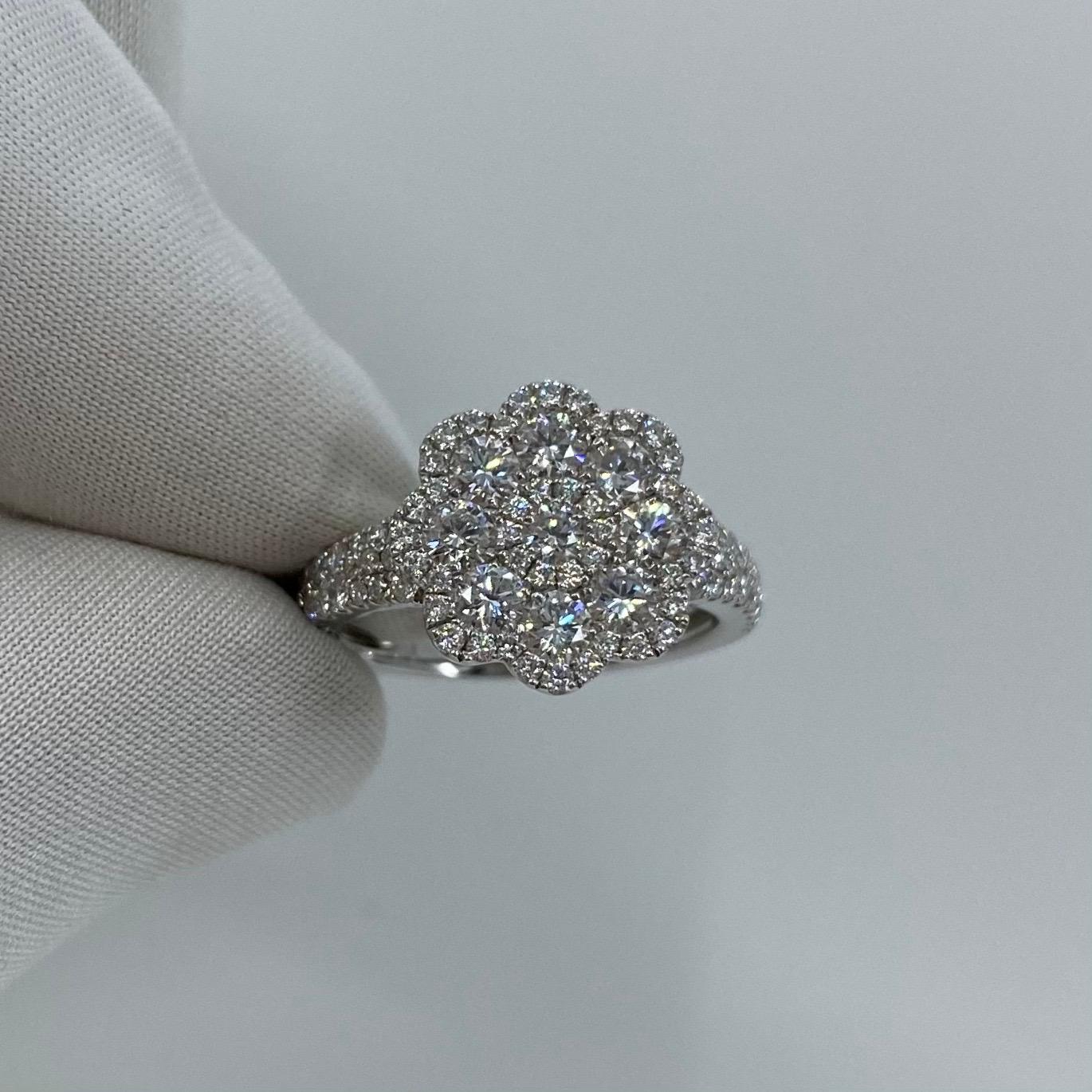 1.50 Carat Art Nouveau E VS Diamond Cluster Flower Ring 18K White Gold Pavé Set 5