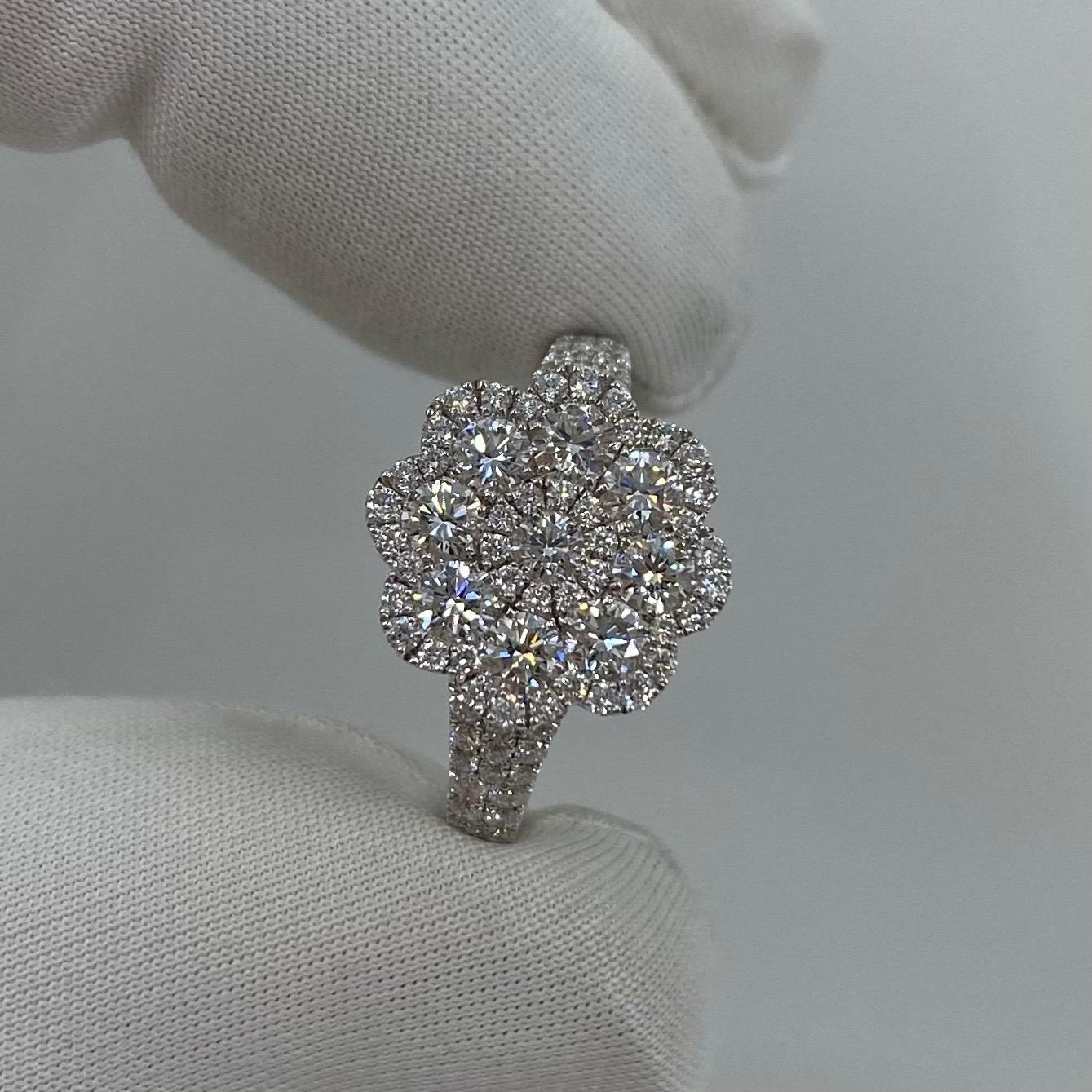 1.50 Carat Art Nouveau E VS Diamond Cluster Flower Ring 18K White Gold Pavé Set 6