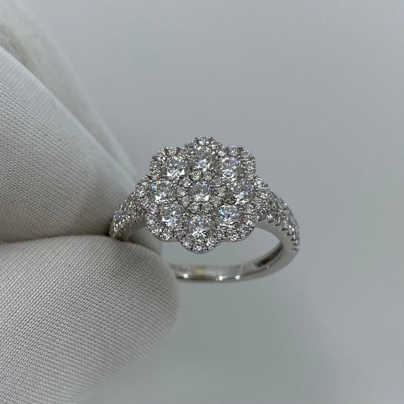 1.50 Carat Art Nouveau E VS Diamond Cluster Flower Ring 18K White Gold Pavé Set 7