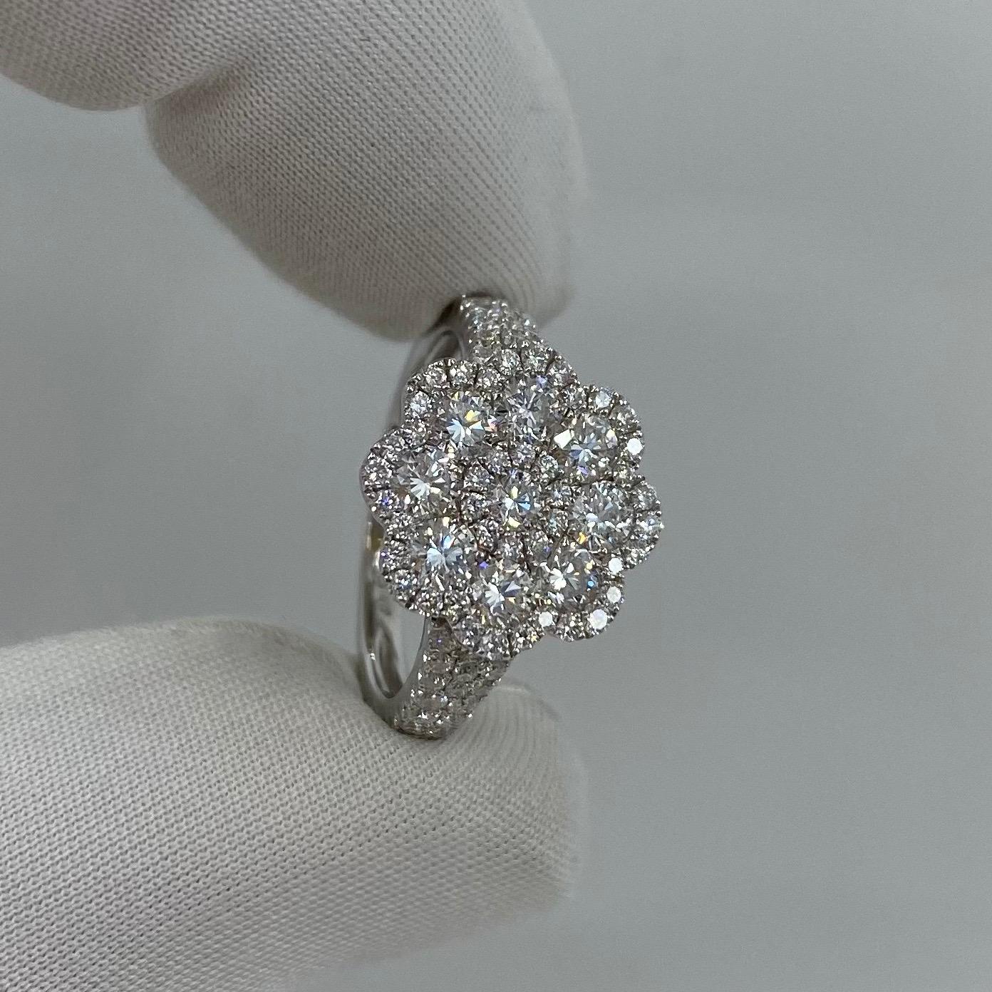 Round Cut 1.50 Carat Art Nouveau E VS Diamond Cluster Flower Ring 18K White Gold Pavé Set