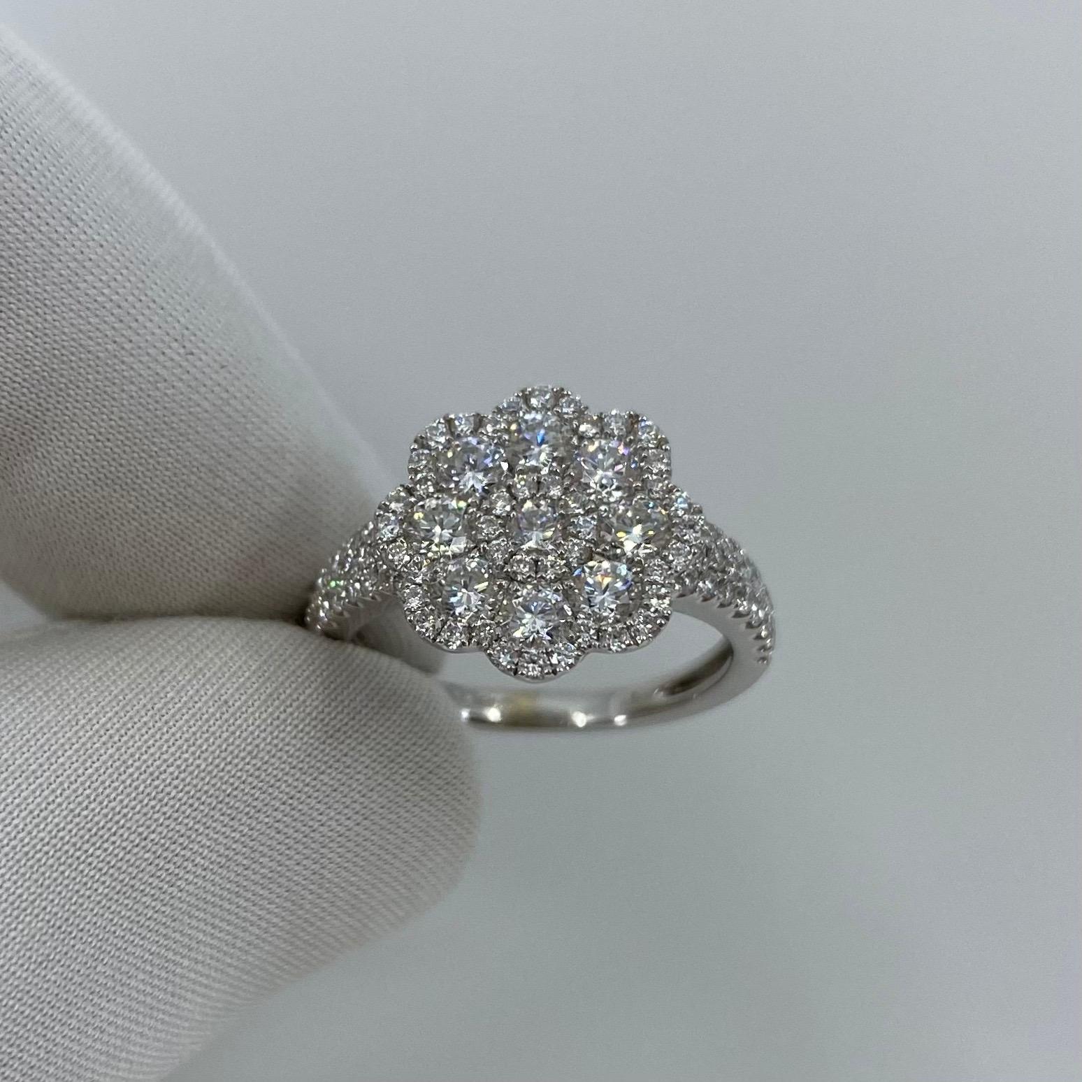 1.50 Carat Art Nouveau E VS Diamond Cluster Flower Ring 18K White Gold Pavé Set In New Condition In Birmingham, GB