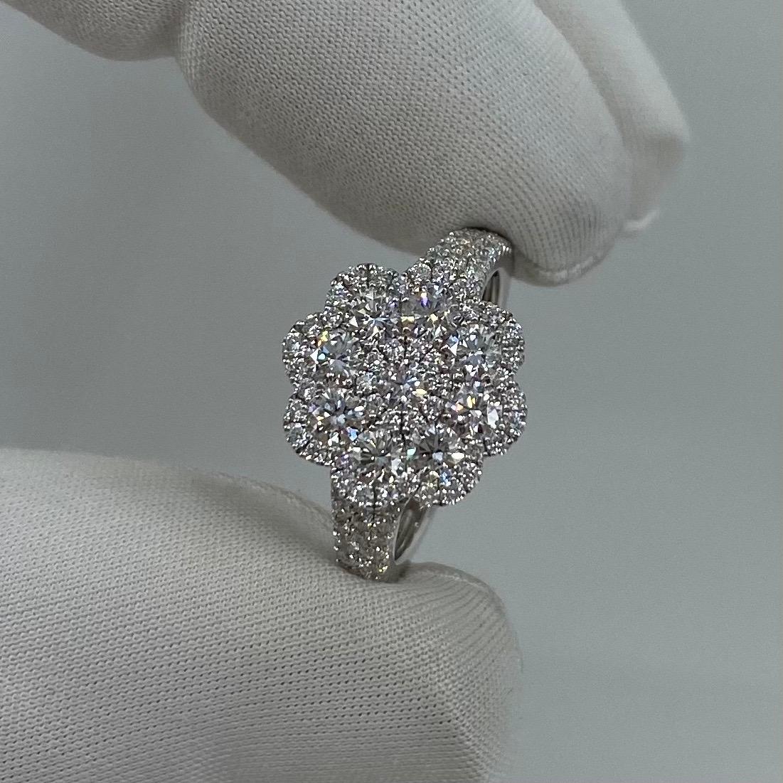 Women's or Men's 1.50 Carat Art Nouveau E VS Diamond Cluster Flower Ring 18K White Gold Pavé Set