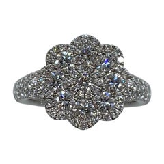 1.50 Carat Art Nouveau E VS Diamond Cluster Flower Ring 18K White Gold Pavé Set
