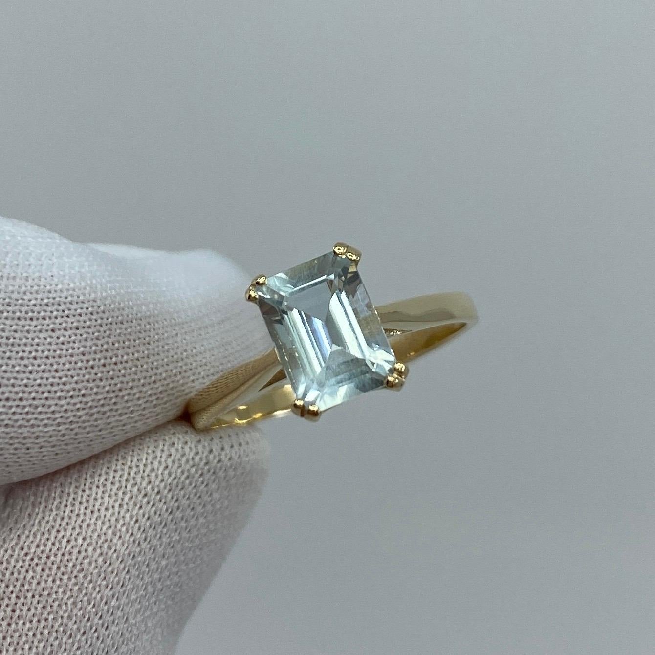 1.50 Carat Blue Aquamarine Emerald Octagon Cut Yellow Gold Solitaire Ring 6