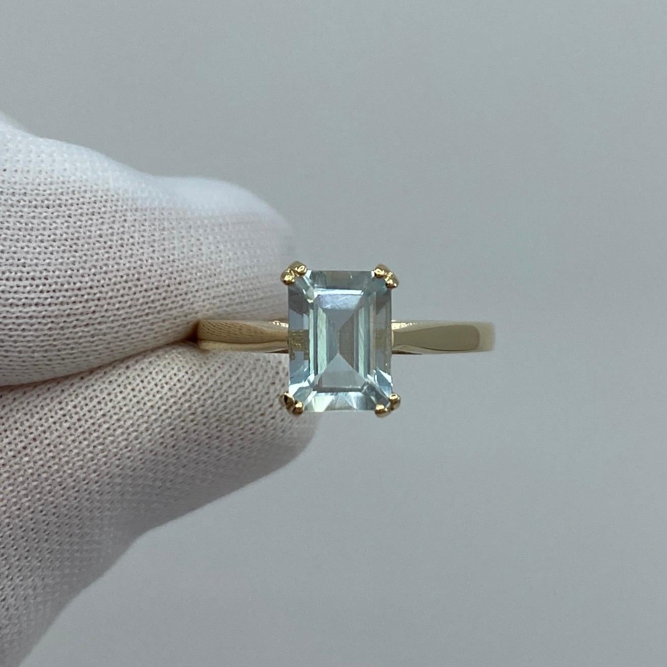 Light Blue Emerald Cut Aquamarine Solitaire Ring

1.50 Carat aquamarine with a stunning bright blue colour and good clarity, some small natural inclusions visible (as shown in photos) but not a dirty stone. Also has an excellent quality emerald cut