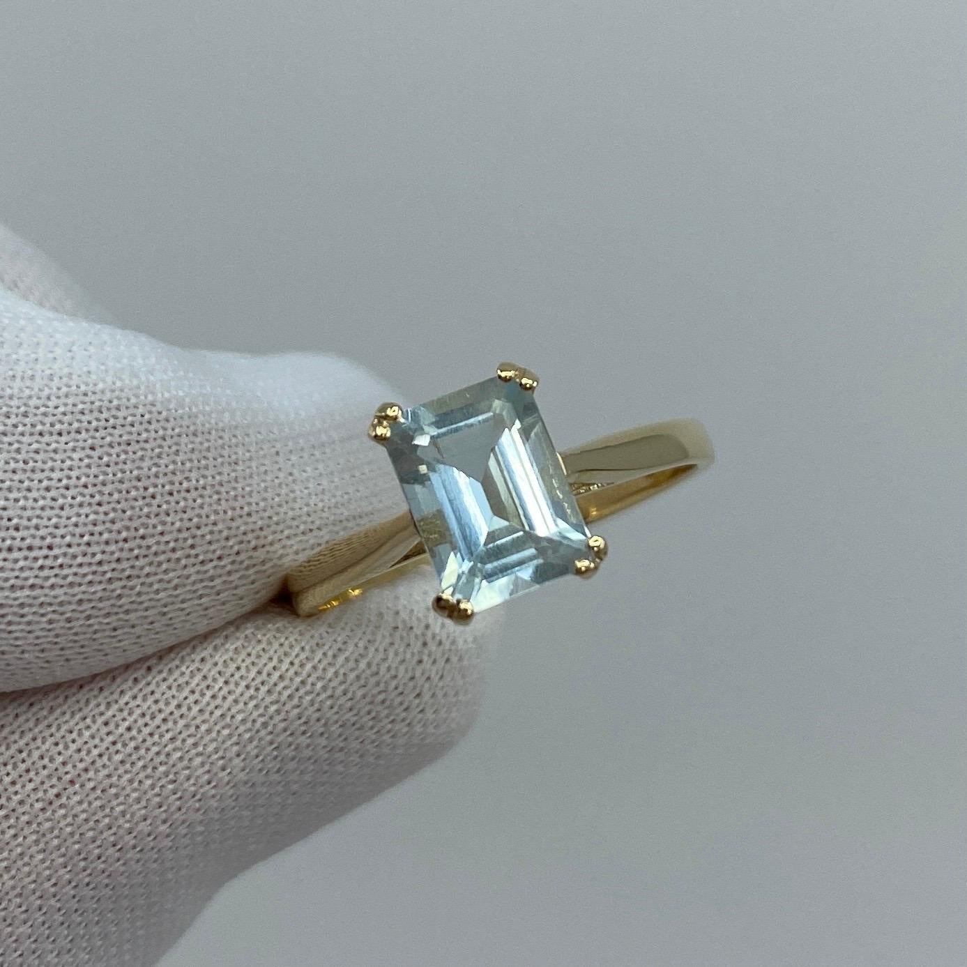 Emerald Cut 1.50 Carat Blue Aquamarine Emerald Octagon Cut Yellow Gold Solitaire Ring