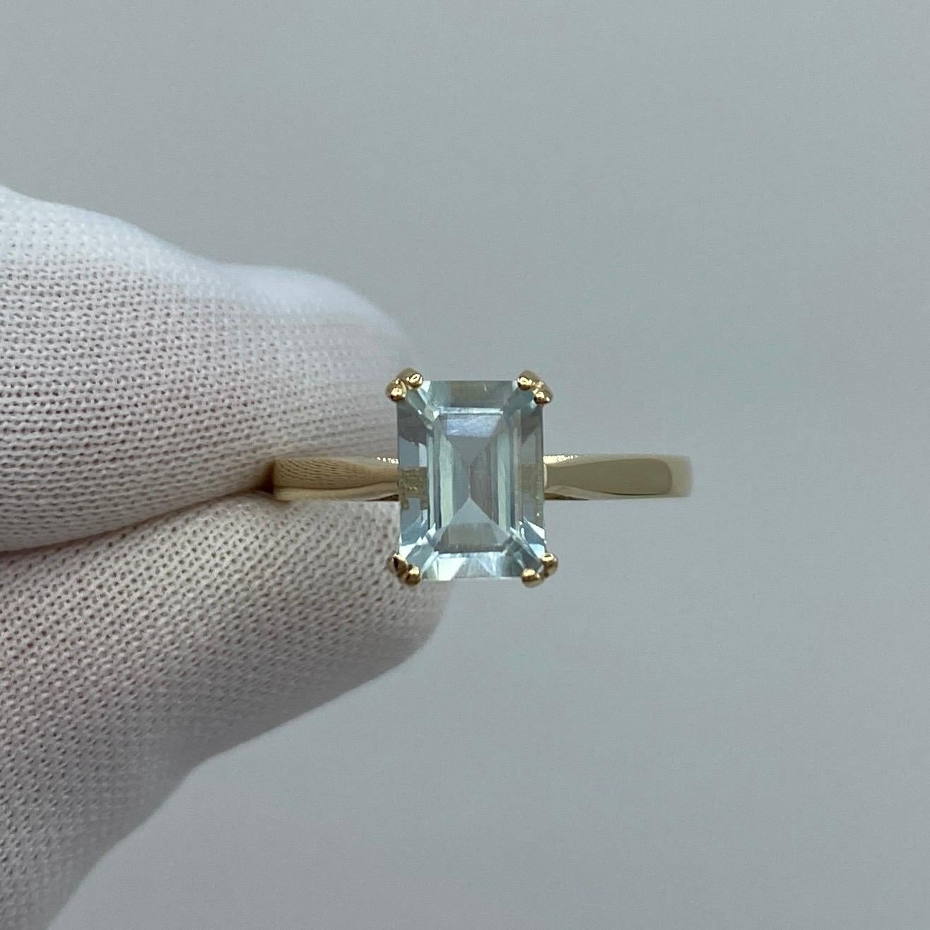 1.50 Carat Blue Aquamarine Emerald Octagon Cut Yellow Gold Solitaire Ring 1