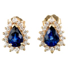 1.50 Carat Blue Pear Sapphire Diamond Halo Earrings