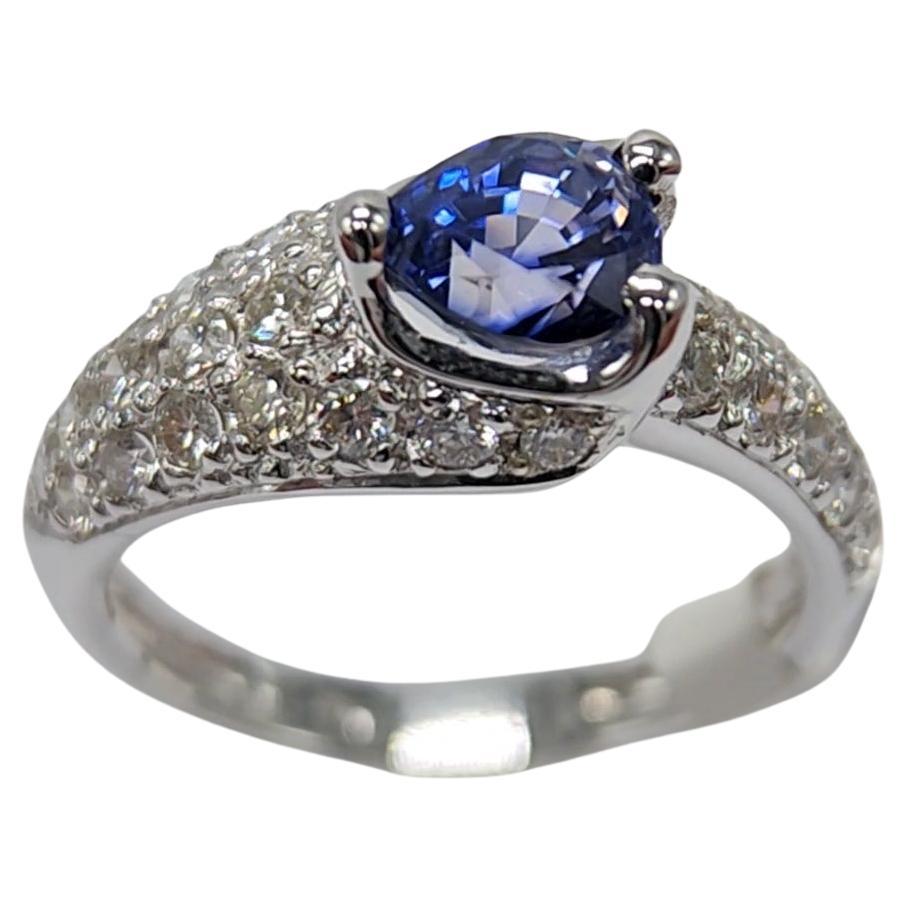 Artisan 1.50 Carat Blue Sapphire  Ring 14 Karat White Gold with Diamonds. For Sale