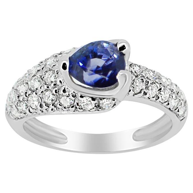 1.50 Carat Blue Sapphire  Ring 14 Karat White Gold with Diamonds.