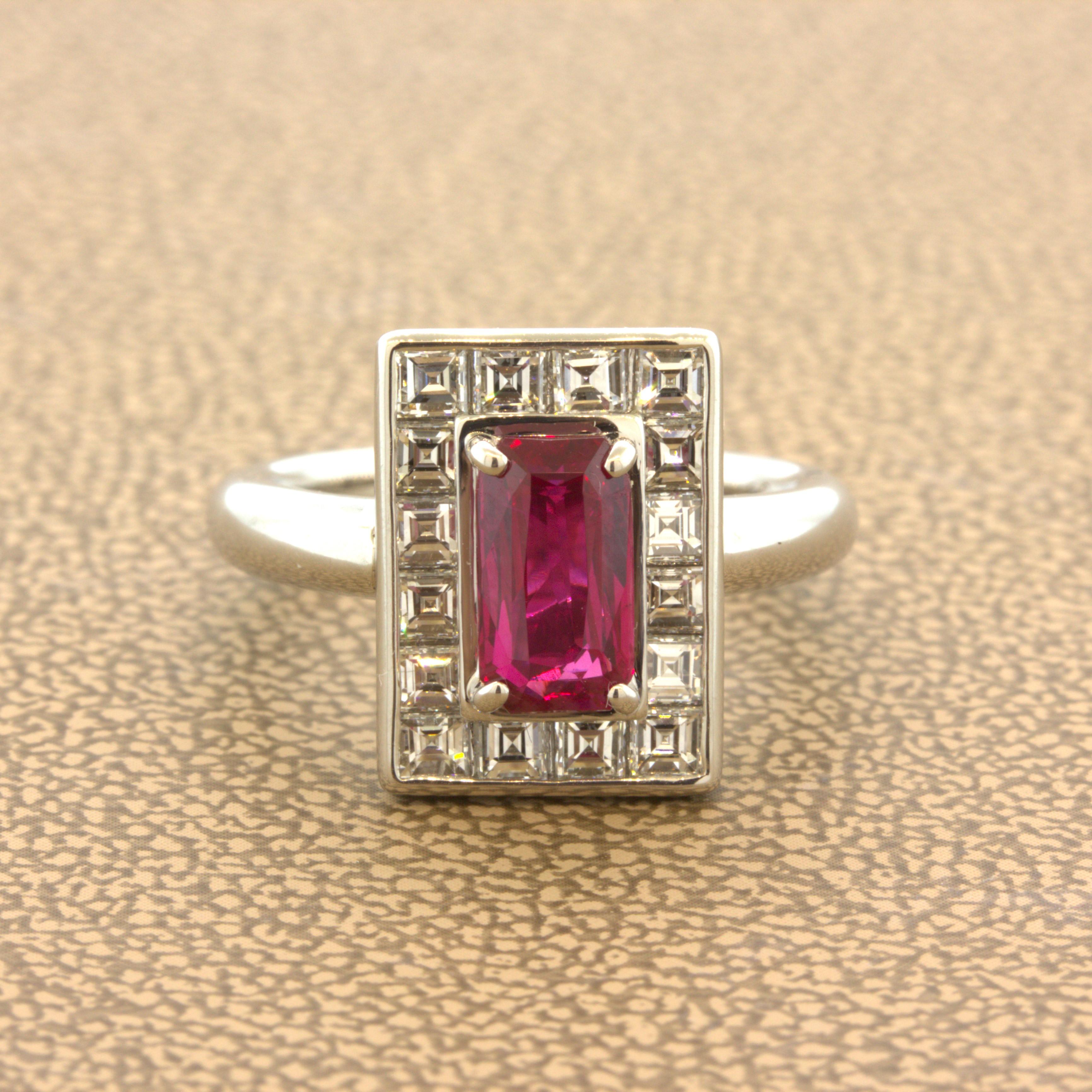 A super piece featuring a very fine natural Burmese ruby certified by the GIA. It weighs 1.50 carats and has a unique emerald-cut shape with brilliant faceting giving it more brilliance and light return than a typical emerald-cut. Additionally, it