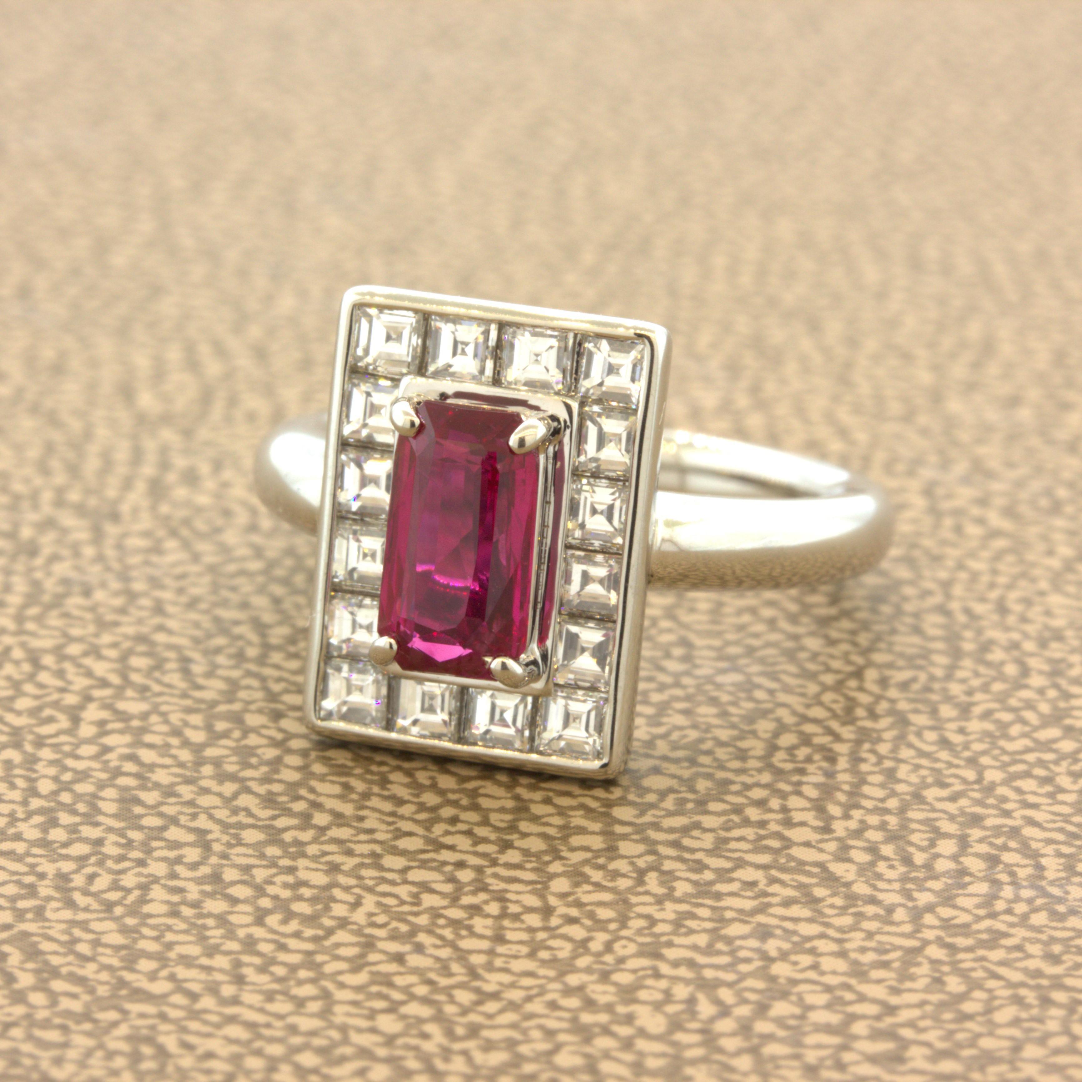 Emerald Cut 1.50 Carat Burmese Ruby Diamond Platinum Ring, GIA Certified For Sale