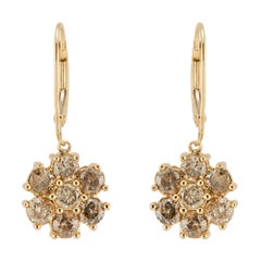 1.50 Carat Champagne Diamond Gold Flower Dangle Earrings