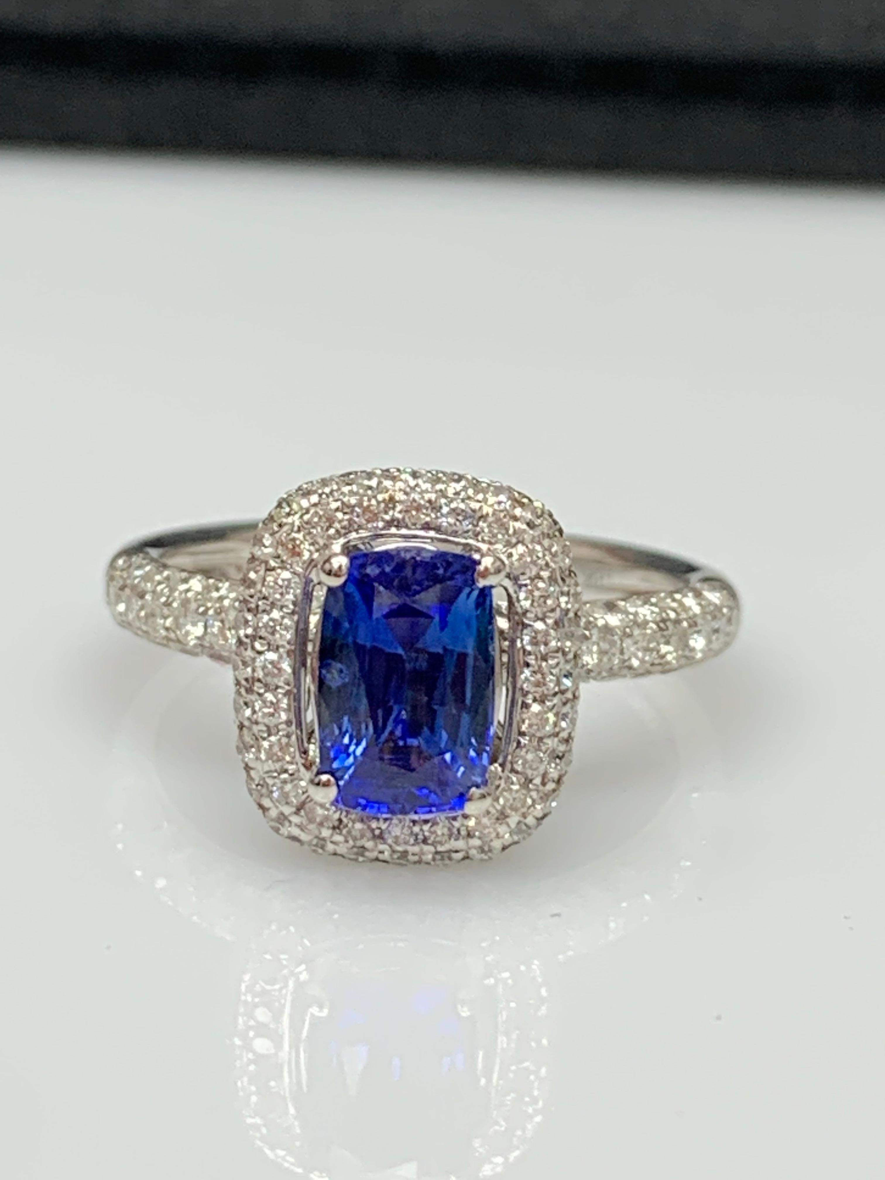 1.50 Carat Cushion Cut Blue Sapphire and Diamond 18K White Gold Cocktail Ring For Sale 7