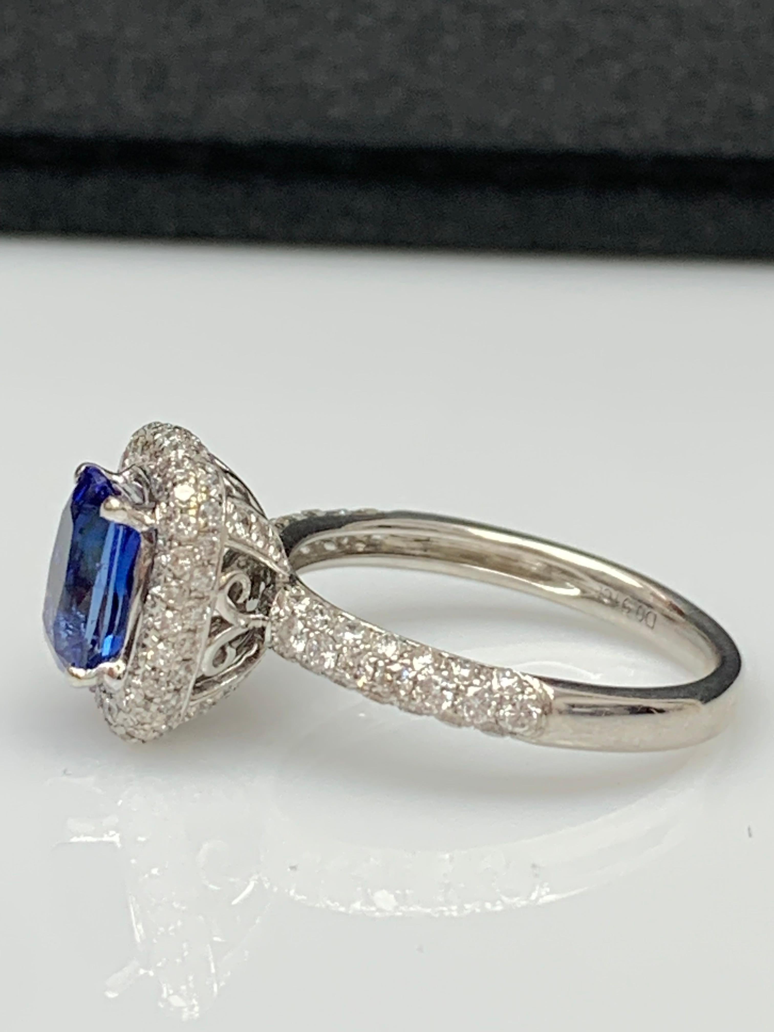 1.50 Carat Cushion Cut Blue Sapphire and Diamond 18K White Gold Cocktail Ring For Sale 9