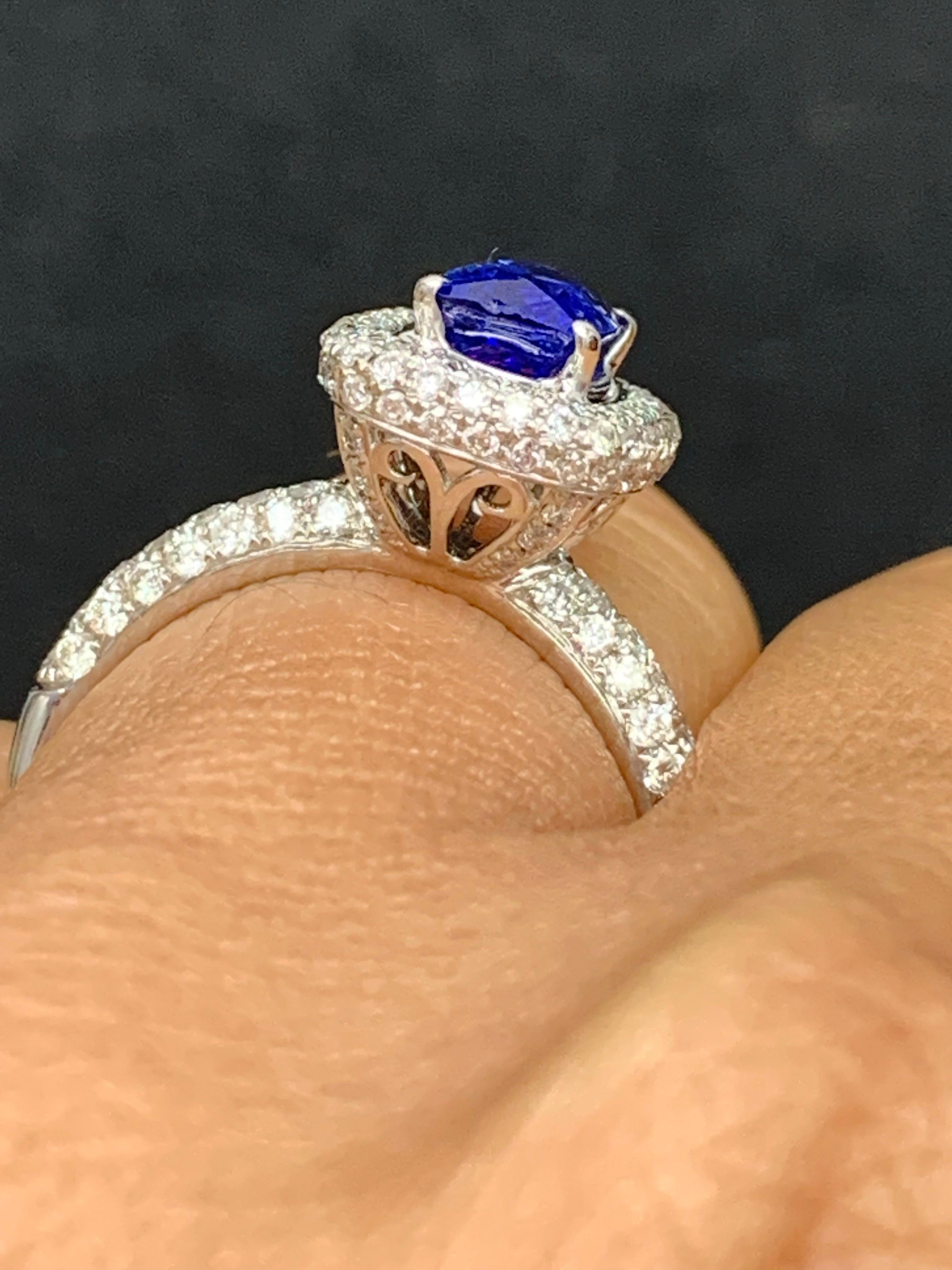 1.50 Carat Cushion Cut Blue Sapphire and Diamond 18K White Gold Cocktail Ring For Sale 1
