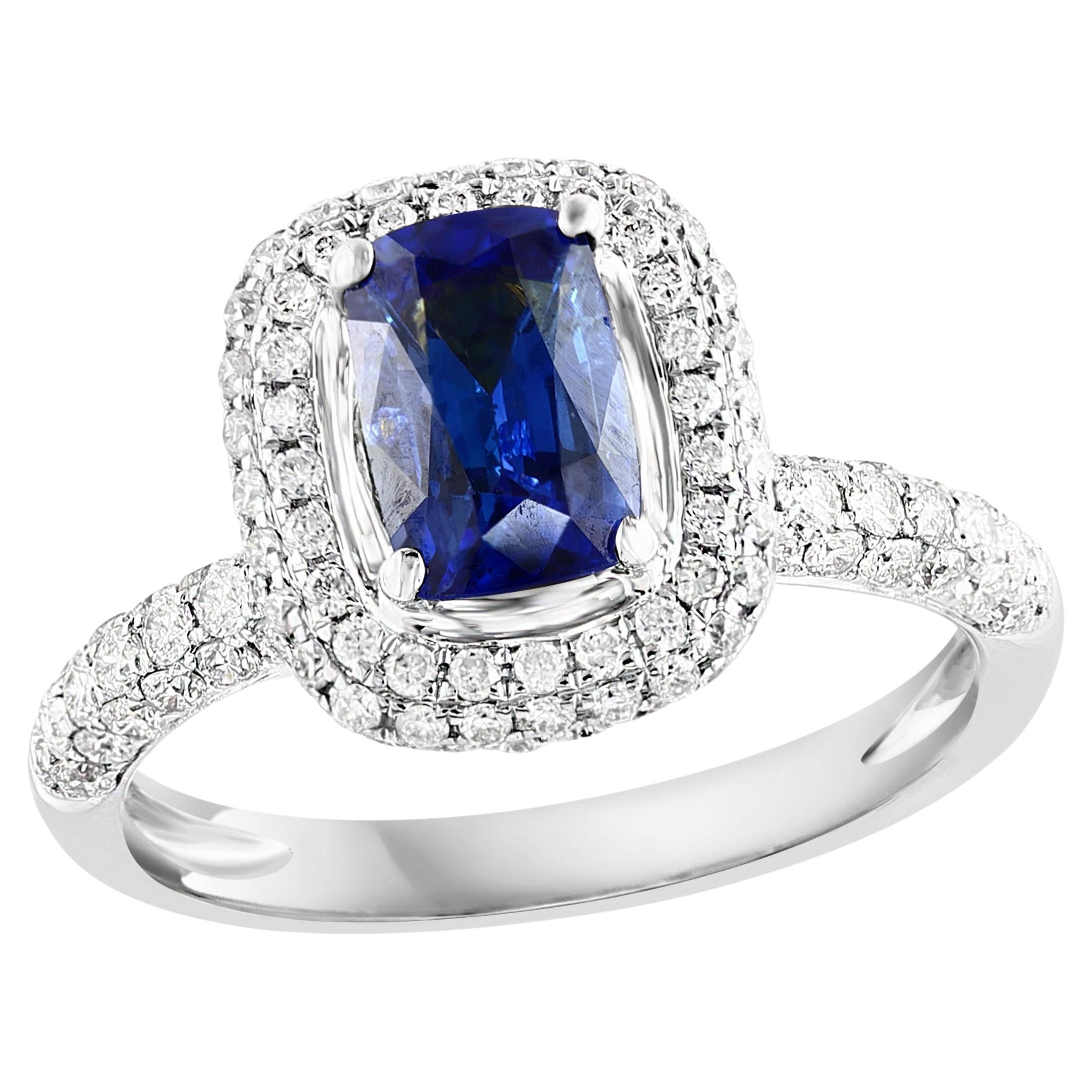 1.50 Carat Cushion Cut Blue Sapphire and Diamond 18K White Gold Cocktail Ring For Sale