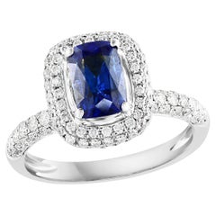 1.50 Carat Cushion Cut Blue Sapphire and Diamond 18K White Gold Cocktail Ring