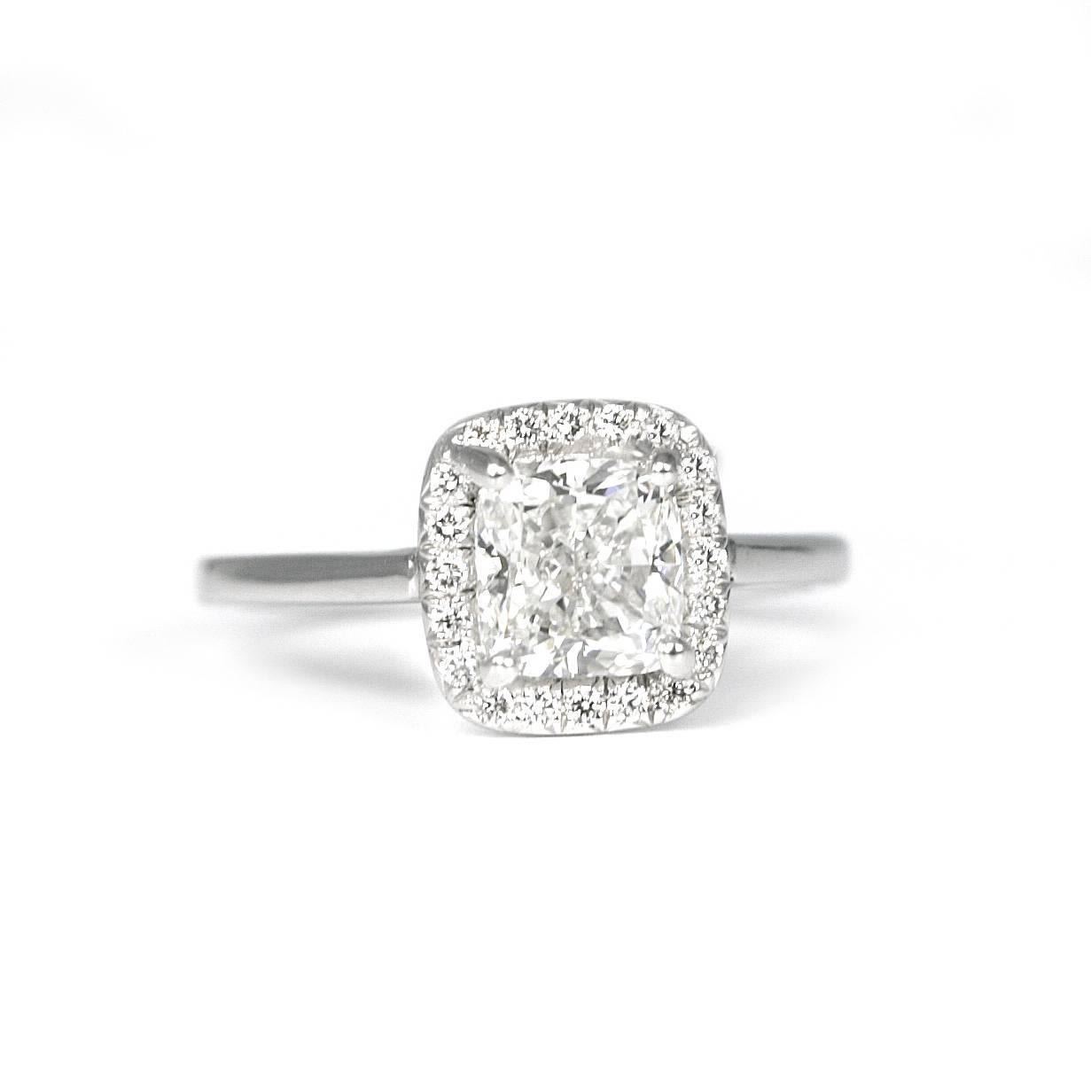 Contemporary 1.50 Carat Cushion Cut Diamond GIA F/VS 2 in a Platinum Halo Ring For Sale