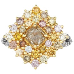 1.50 Carat Cushion Yellow and Multi-Color Diamond Ring 18 Karat Two-Tone Gold