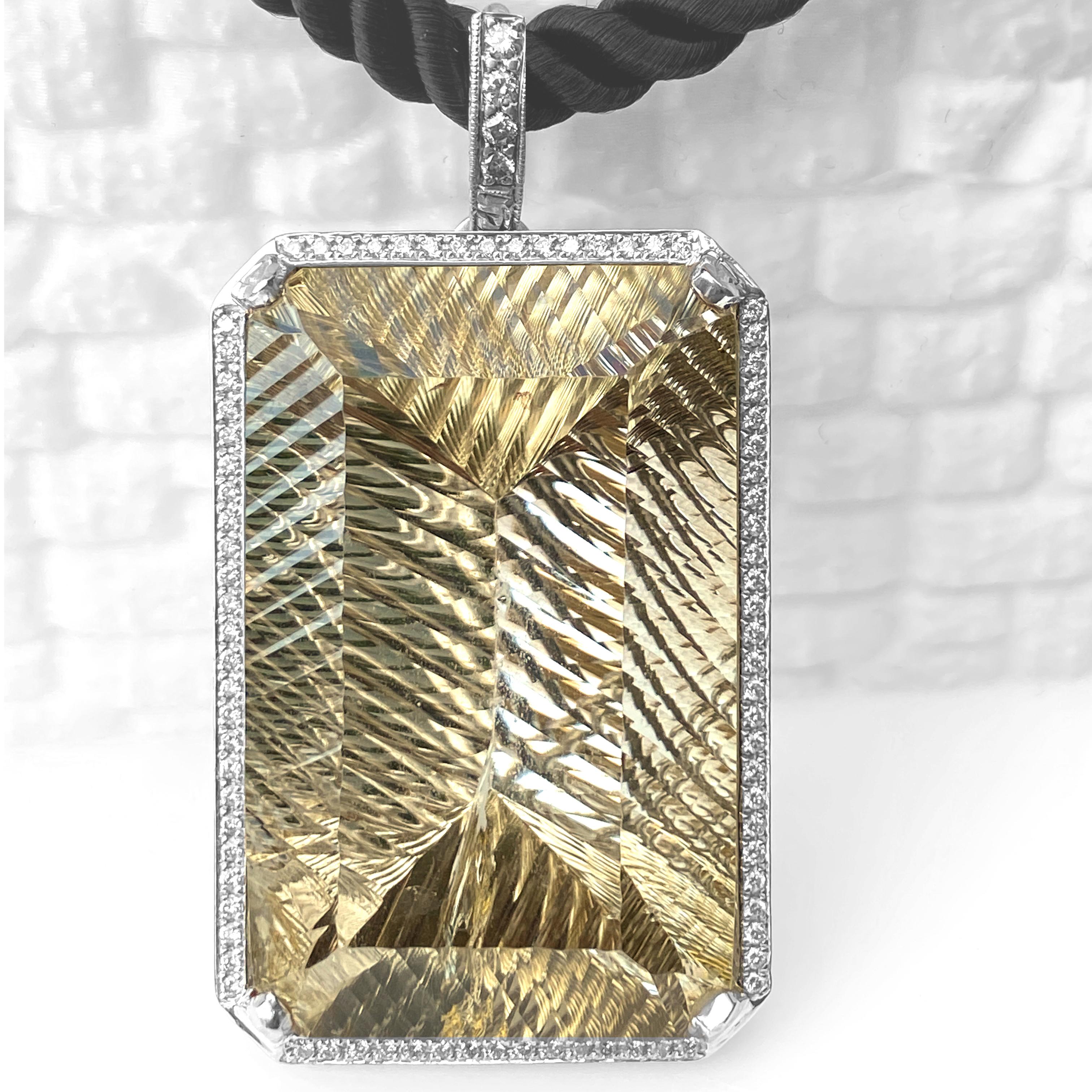 Mixed Cut 150 Carat Custom-Cut Golden Quartz & Diamond Pendant in White Gold For Sale