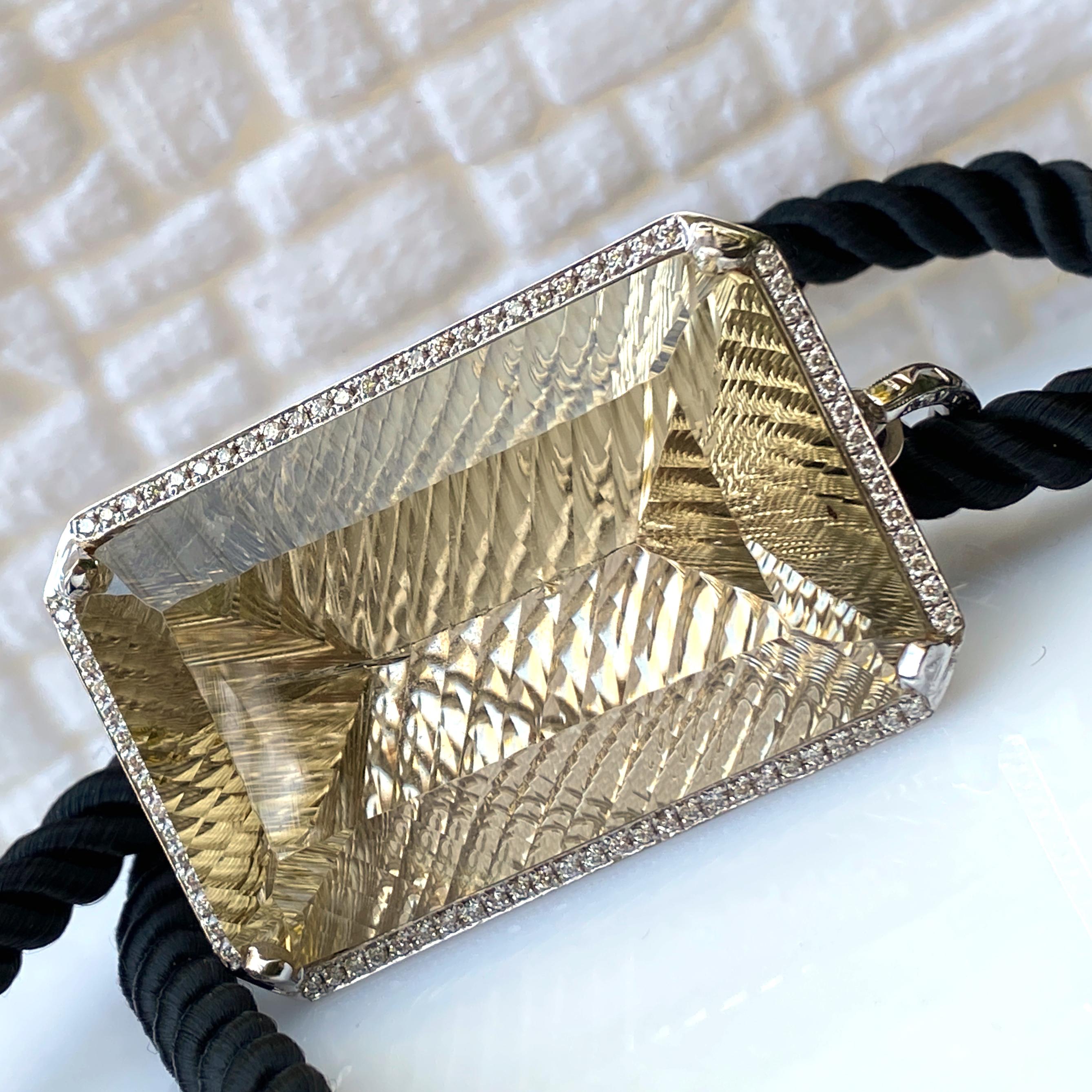 150 Carat Custom-Cut Golden Quartz & Diamond Pendant in White Gold In Excellent Condition For Sale In Sherman Oaks, CA