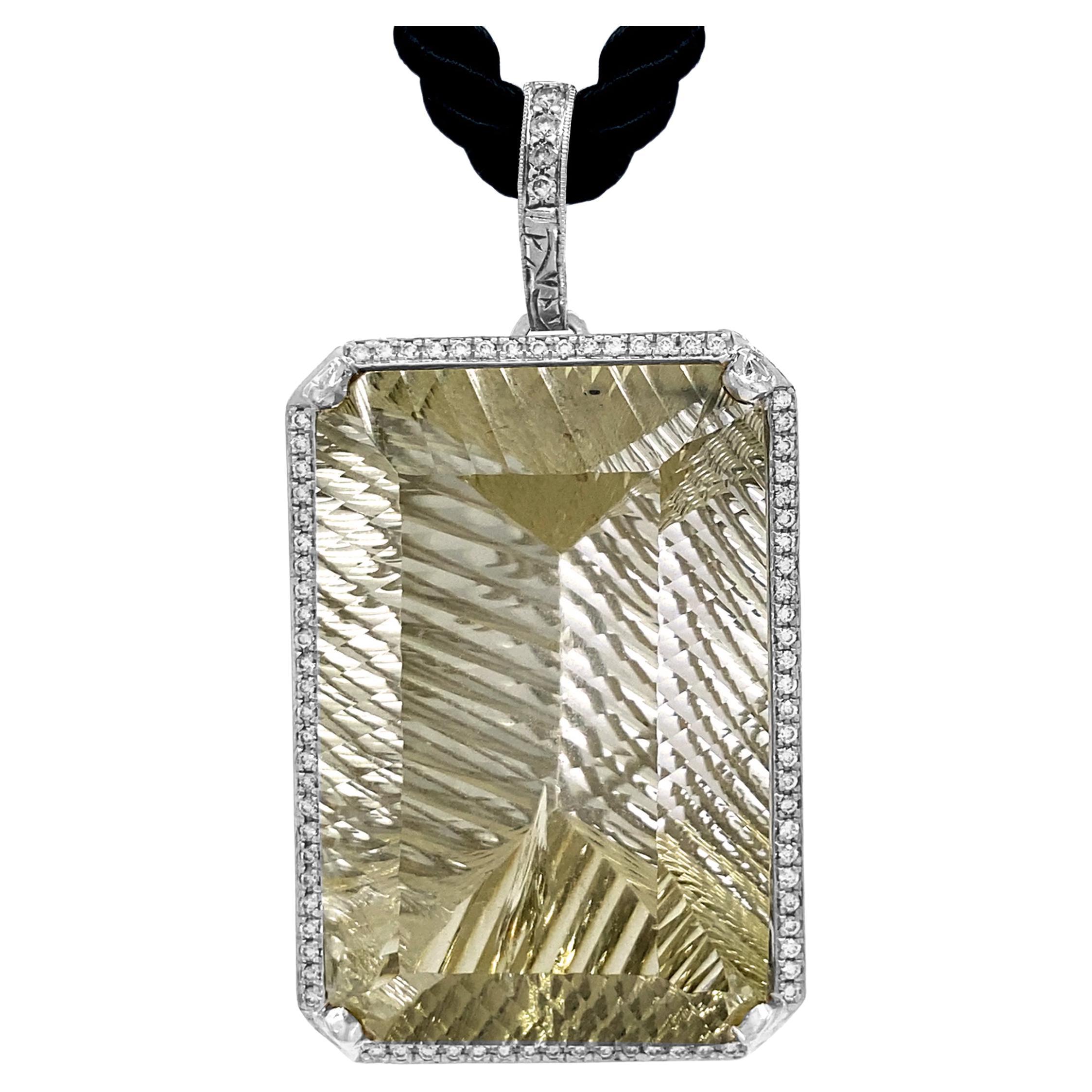 150 Carat Custom-Cut Golden Quartz & Diamond Pendant in White Gold
