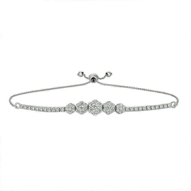 1.50 Carat Natural Diamond Bolo 5 Flower Bracelet G SI 14K White Gold 7''

100% Natural Diamonds, Not Enhanced in any way Round Cut Diamond Bracelet 
1.50CT
G-H 
SI  
14K White Gold, Pave Style   5.2 gram
7-8 inches adjustable length, 5/16 inch in