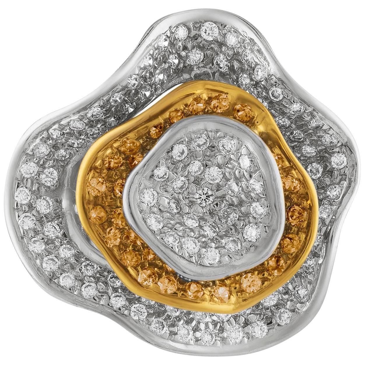 1.50 Carat Diamond and Yellow Sapphire Gold Flower Ring