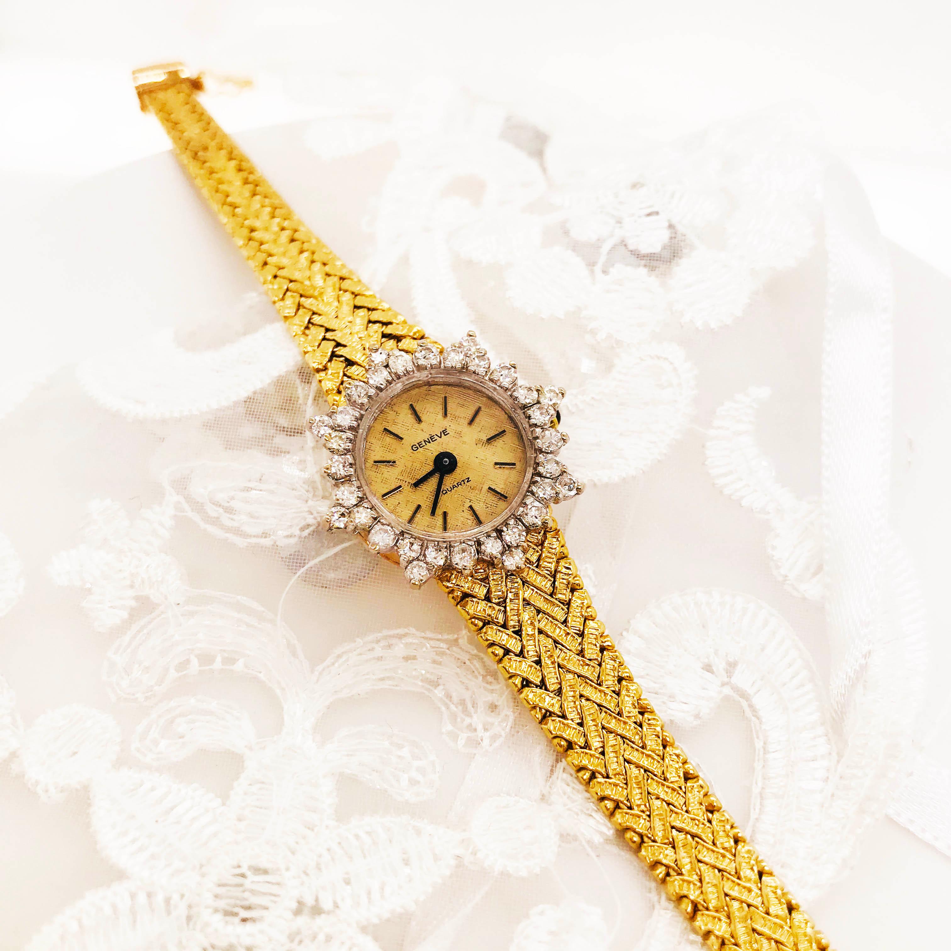 1.50 Carat Diamond Bezel Geneve Quartz Ladies Gold Watch, 14 Karat Yellow Gold 1