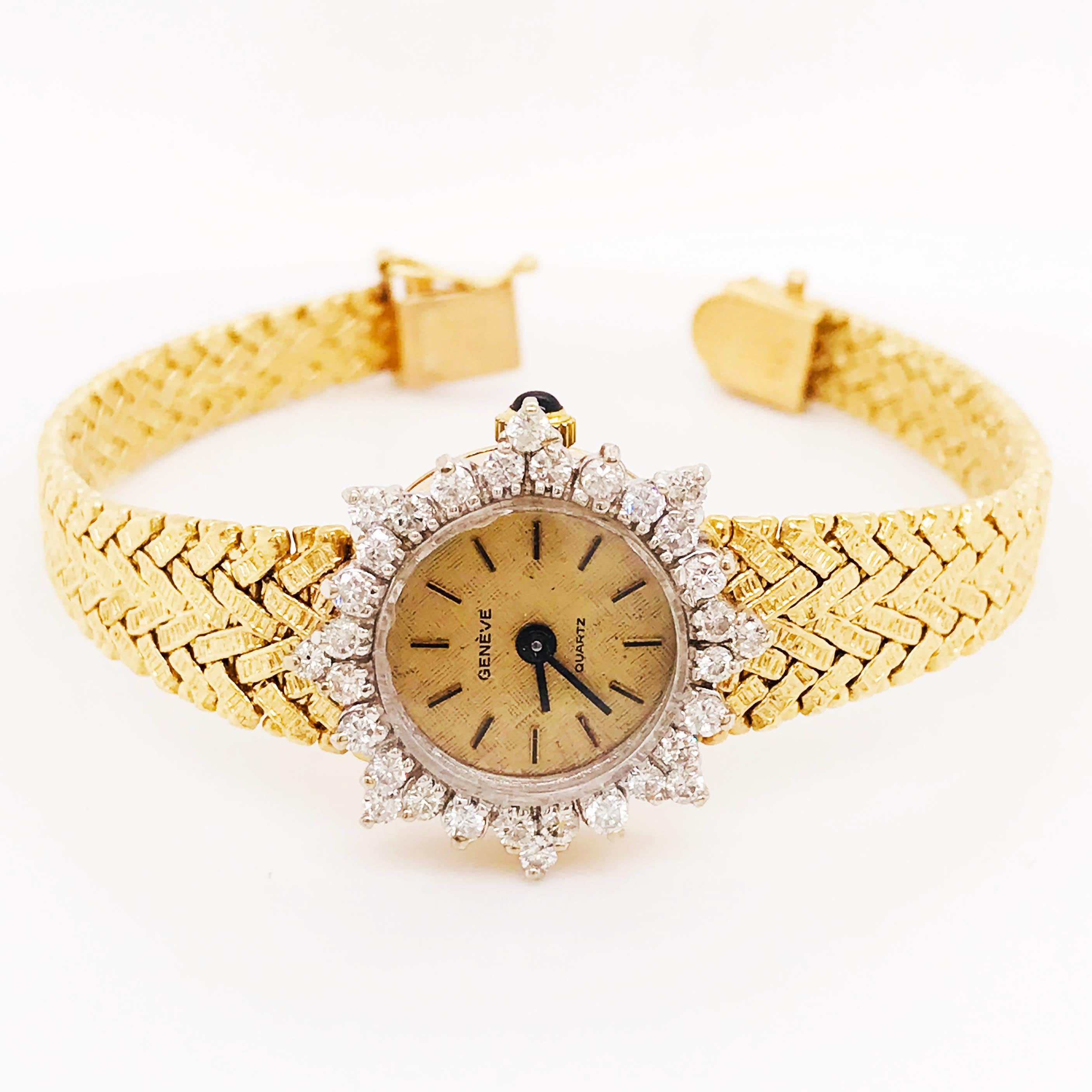 This is an original, authentic Geneve quartz 14K yellow gold watch - Ladies model with 1.50 carats of total diamond weight! This is a luxury Swiss watch with a quartz movement! This watch has the original face, a beautiful champagne-colored dial