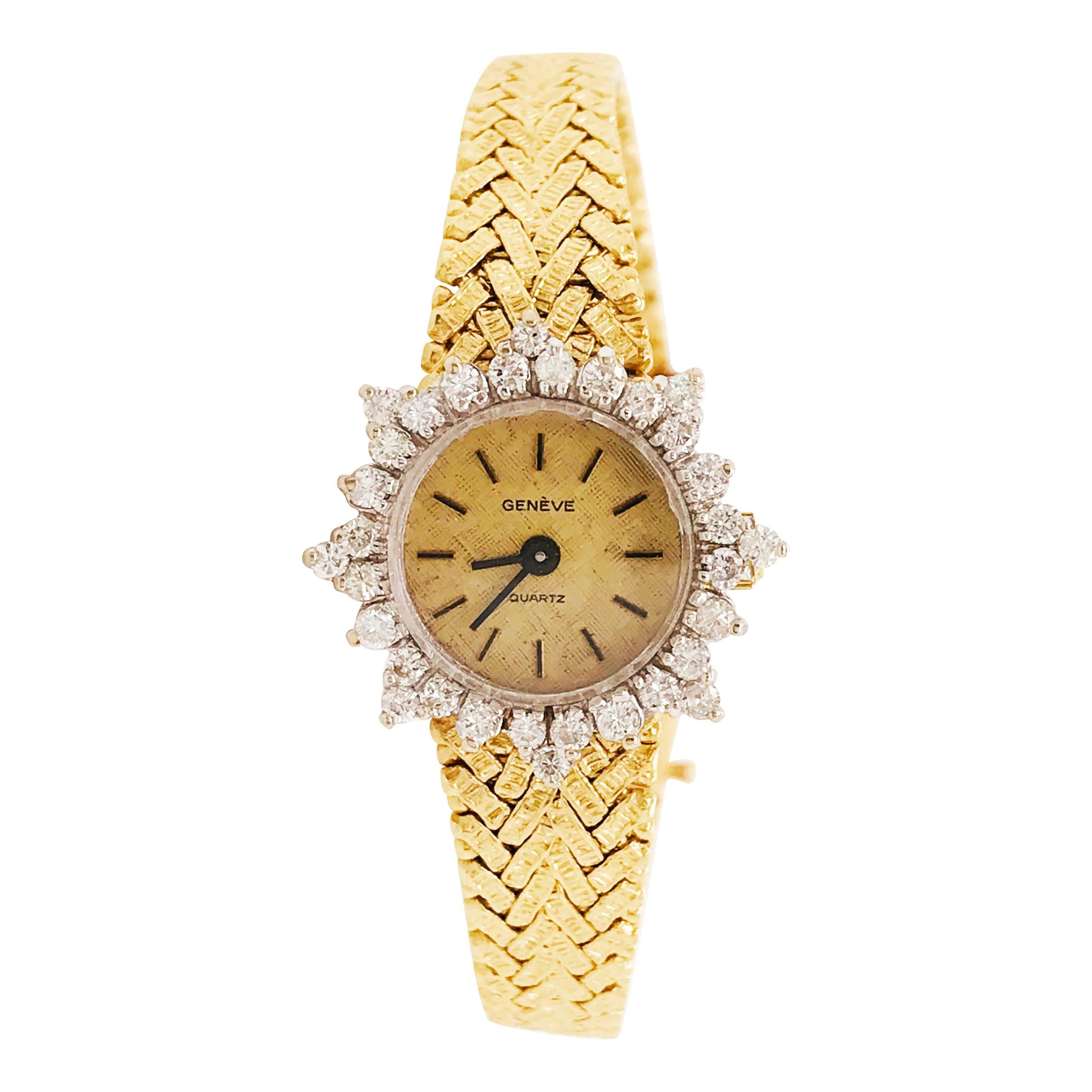 1.50 Carat Diamond Bezel Geneve Quartz Ladies Gold Watch, 14 Karat Yellow Gold